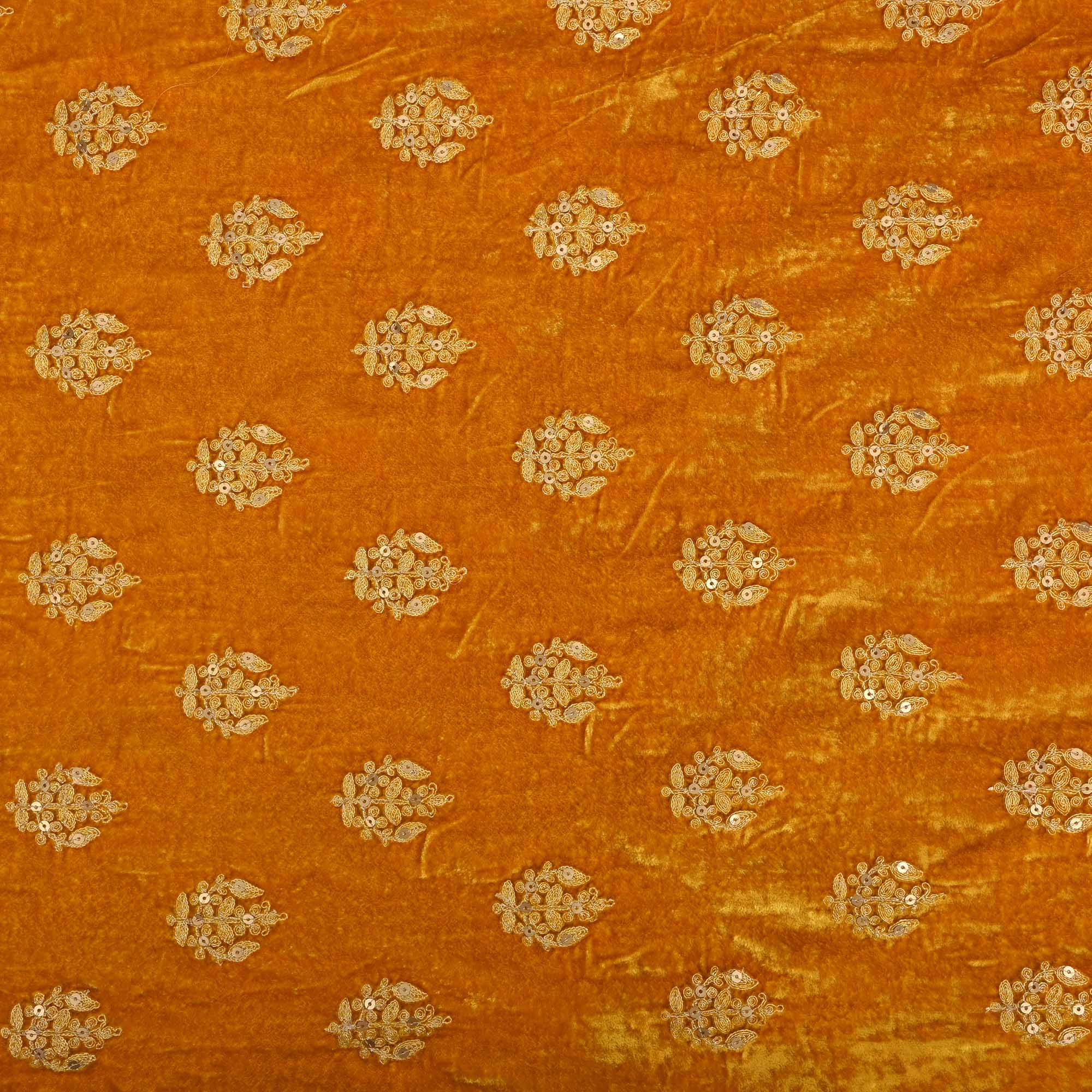 Golden Yellow Zari Embroidery On Velvet Fabric