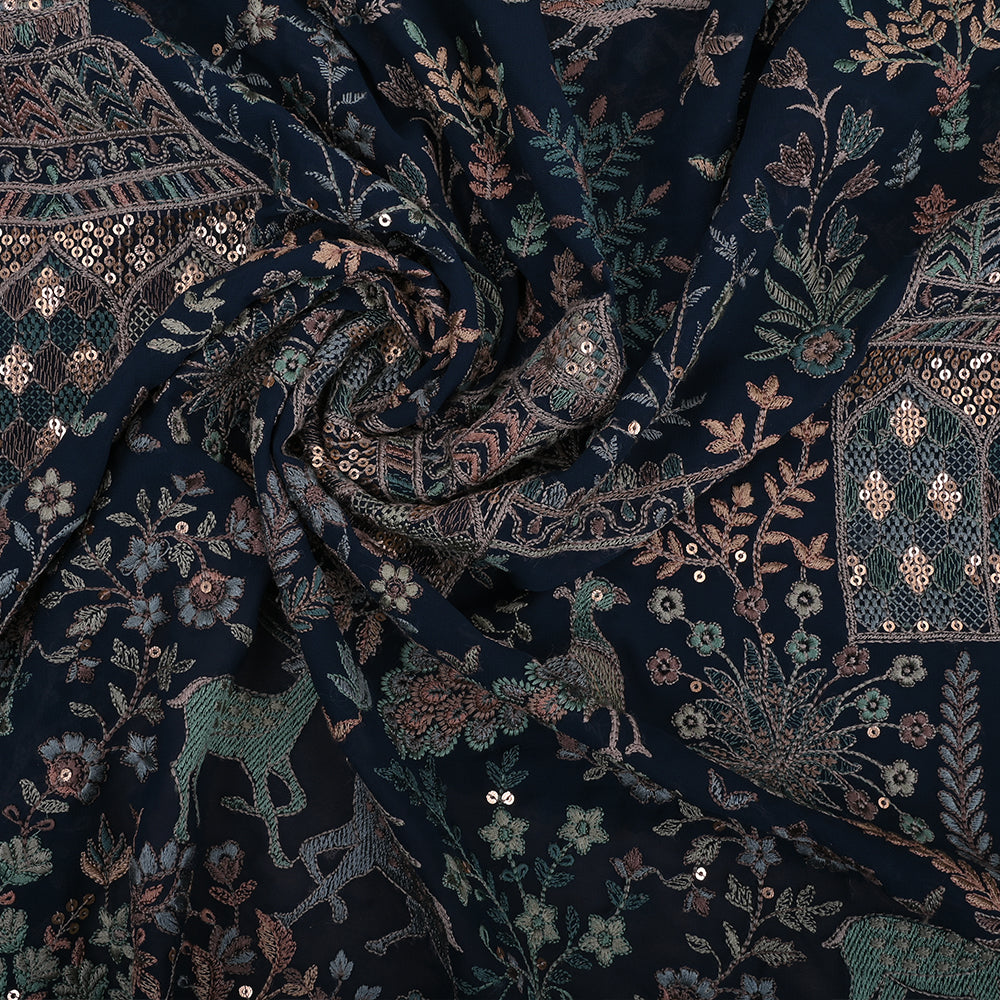 Prussian Blue Embroidery Georgette Fabric