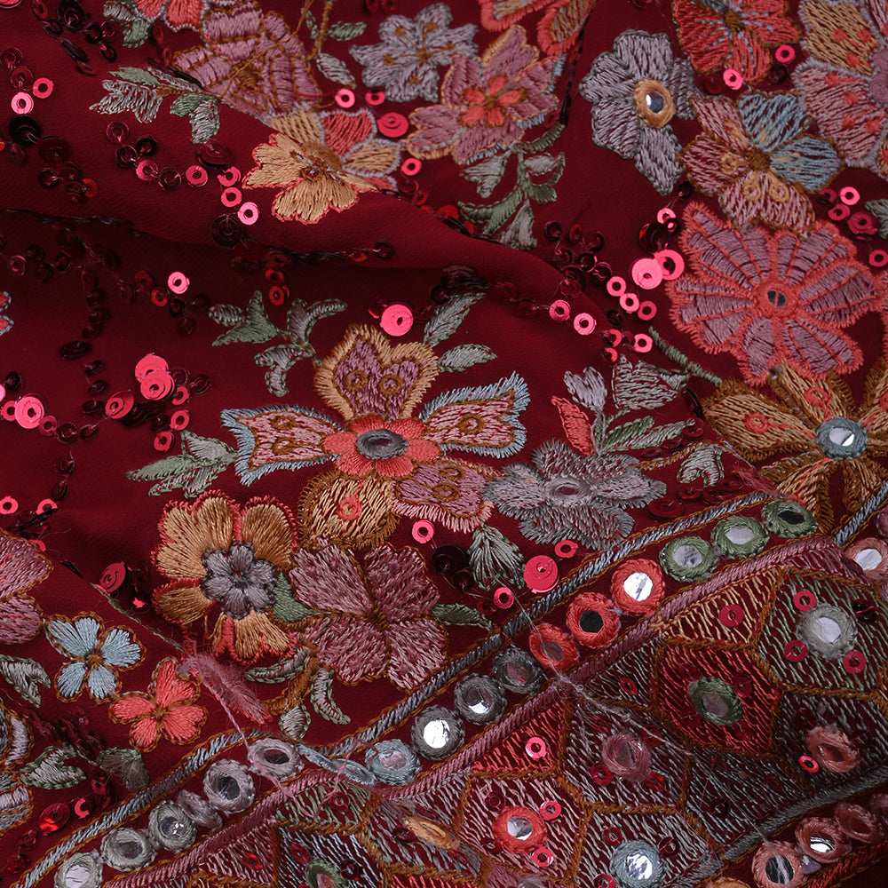 Barn Red Heavy Embroidery Georgette Fabric