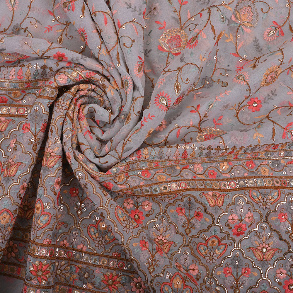 Grey Embroidery Georgette Fabric