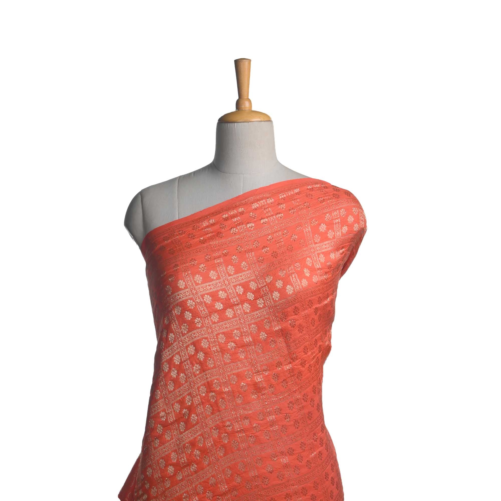 Orioles Orange Butti Checks Kanjivaram Fabric