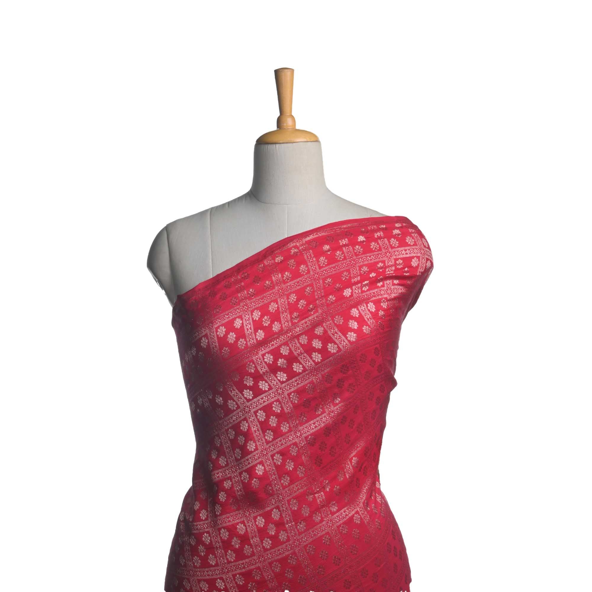 Crayola Red Floral Kanjivaram Fabric