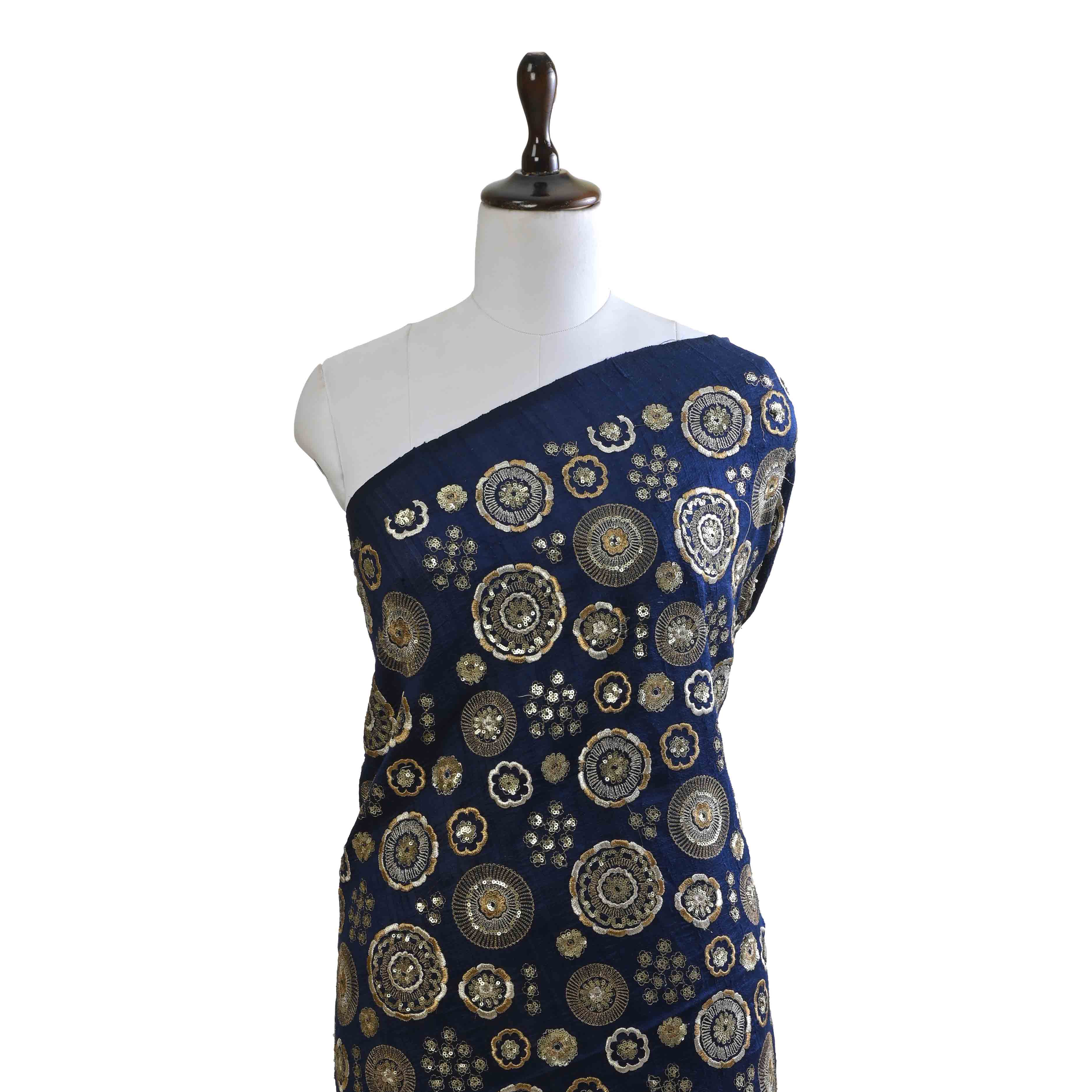 Navy Blue Raw Silk Embroidery Fabric