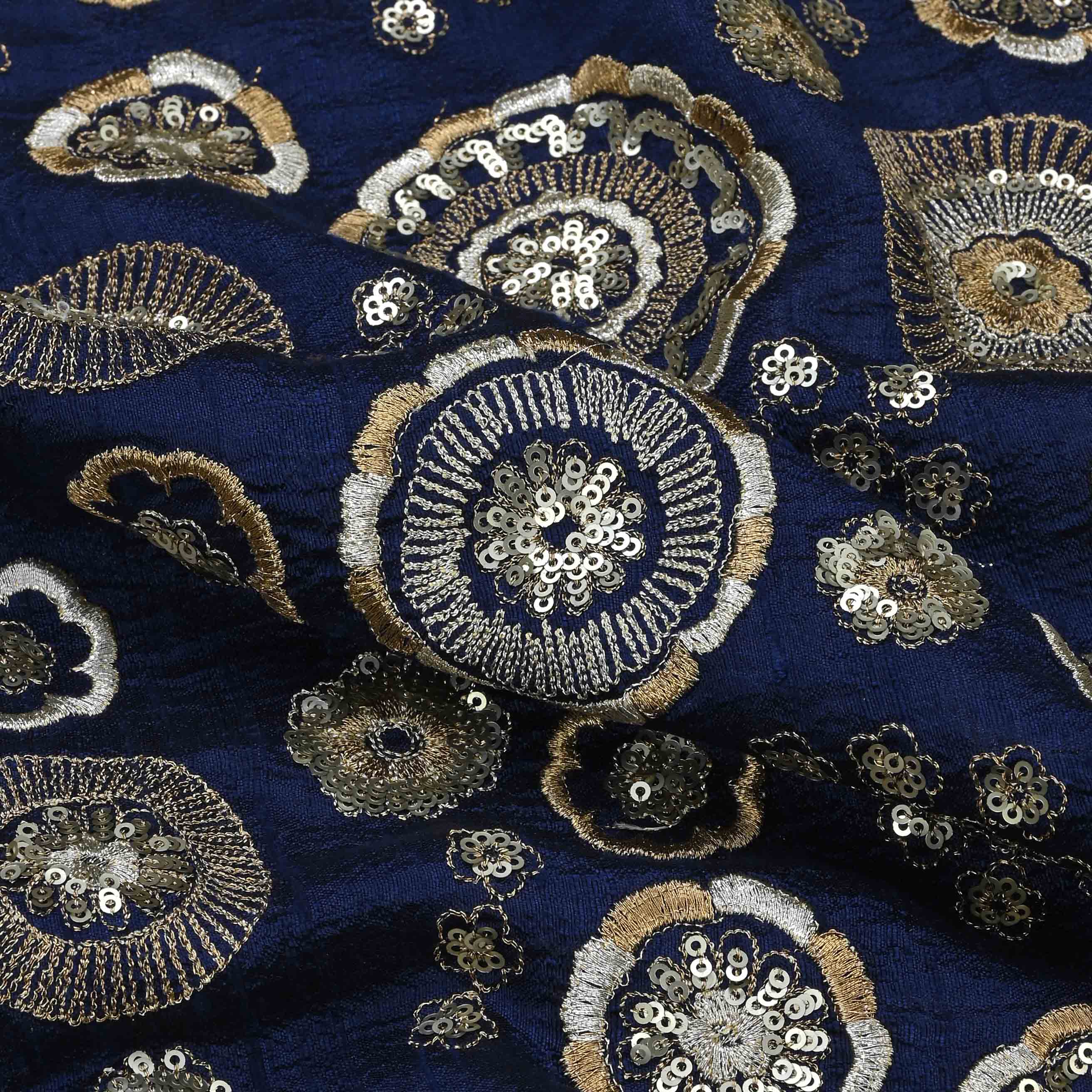 Navy Blue Raw Silk Embroidery Fabric