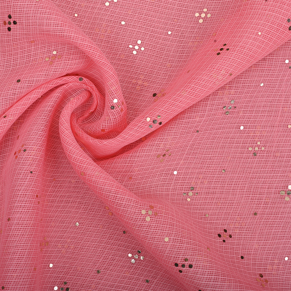 Grapefruit Pink Embroidery Kota Fabric