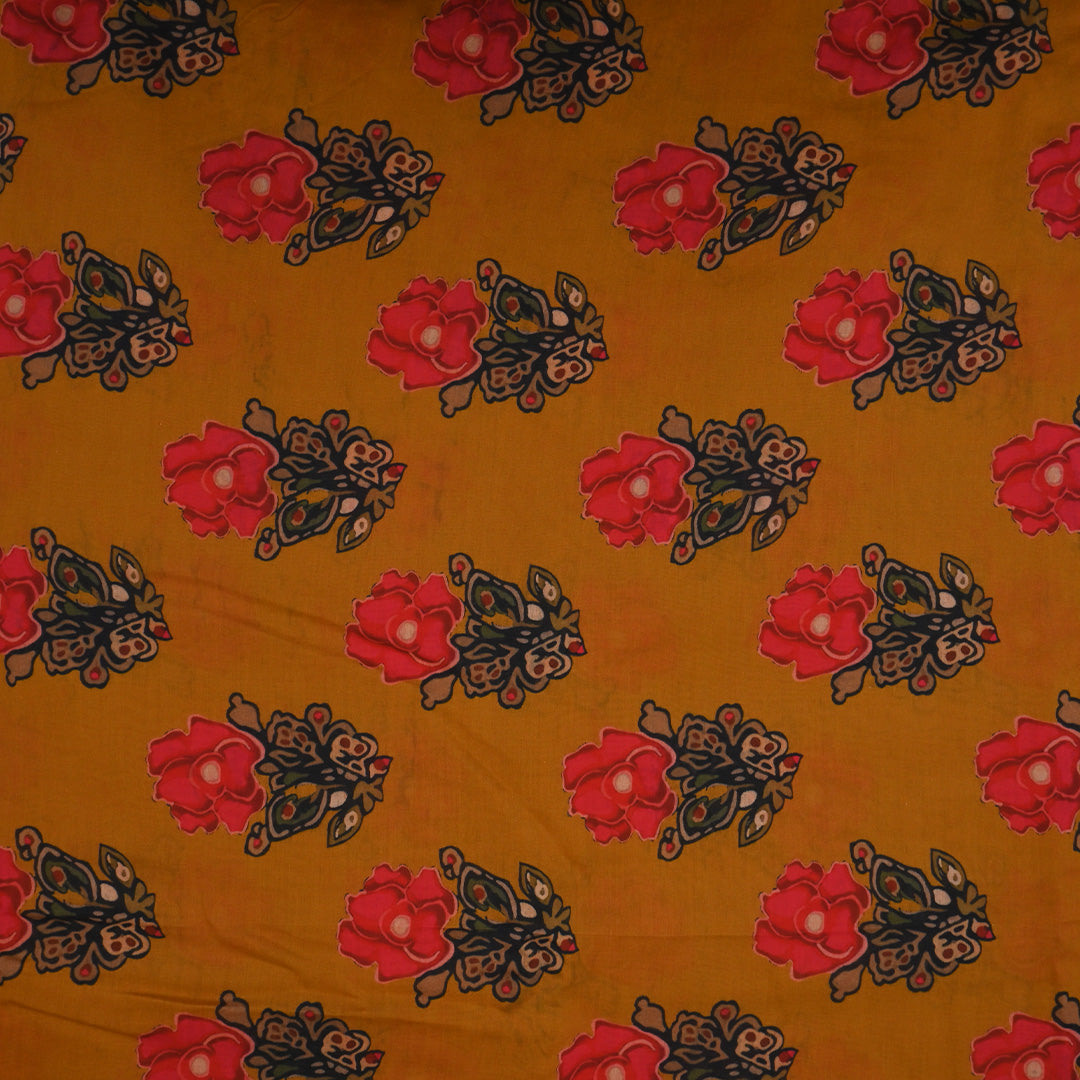 Mustard Yellow Printed Floral Chanderi Fabric