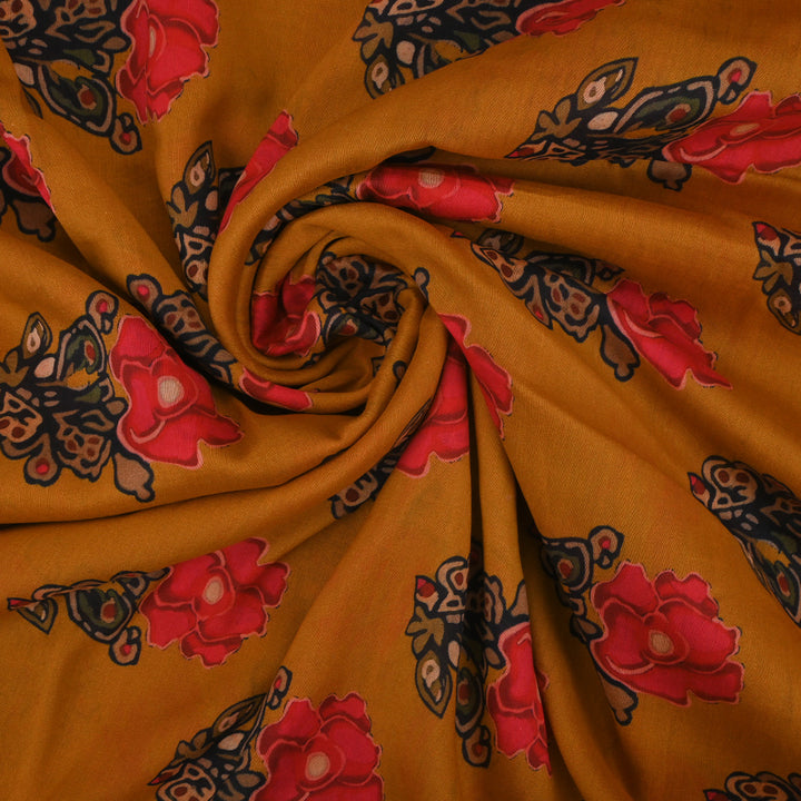 Mustard Yellow Printed Floral Chanderi Fabric