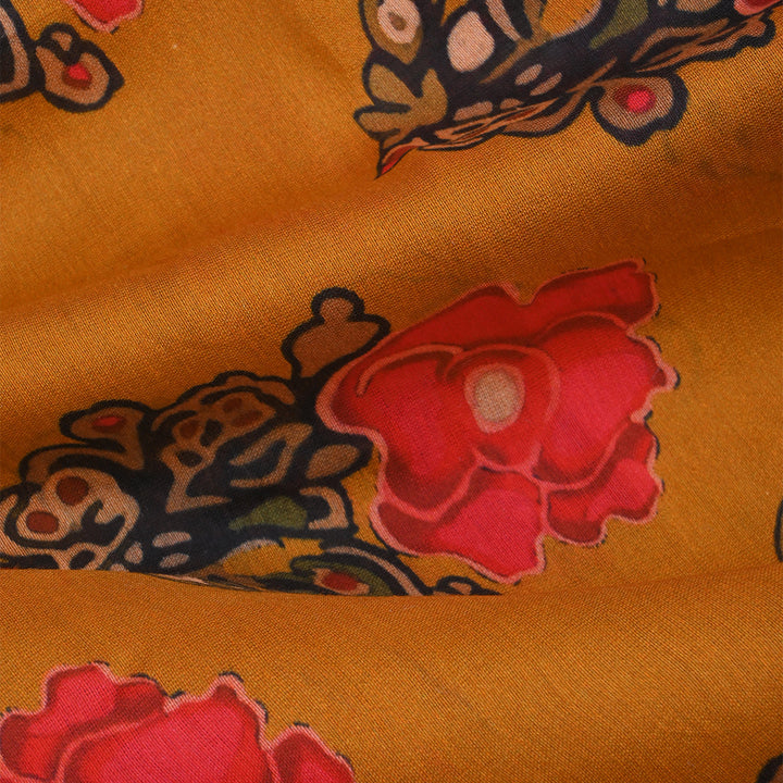 Mustard Yellow Printed Floral Chanderi Fabric