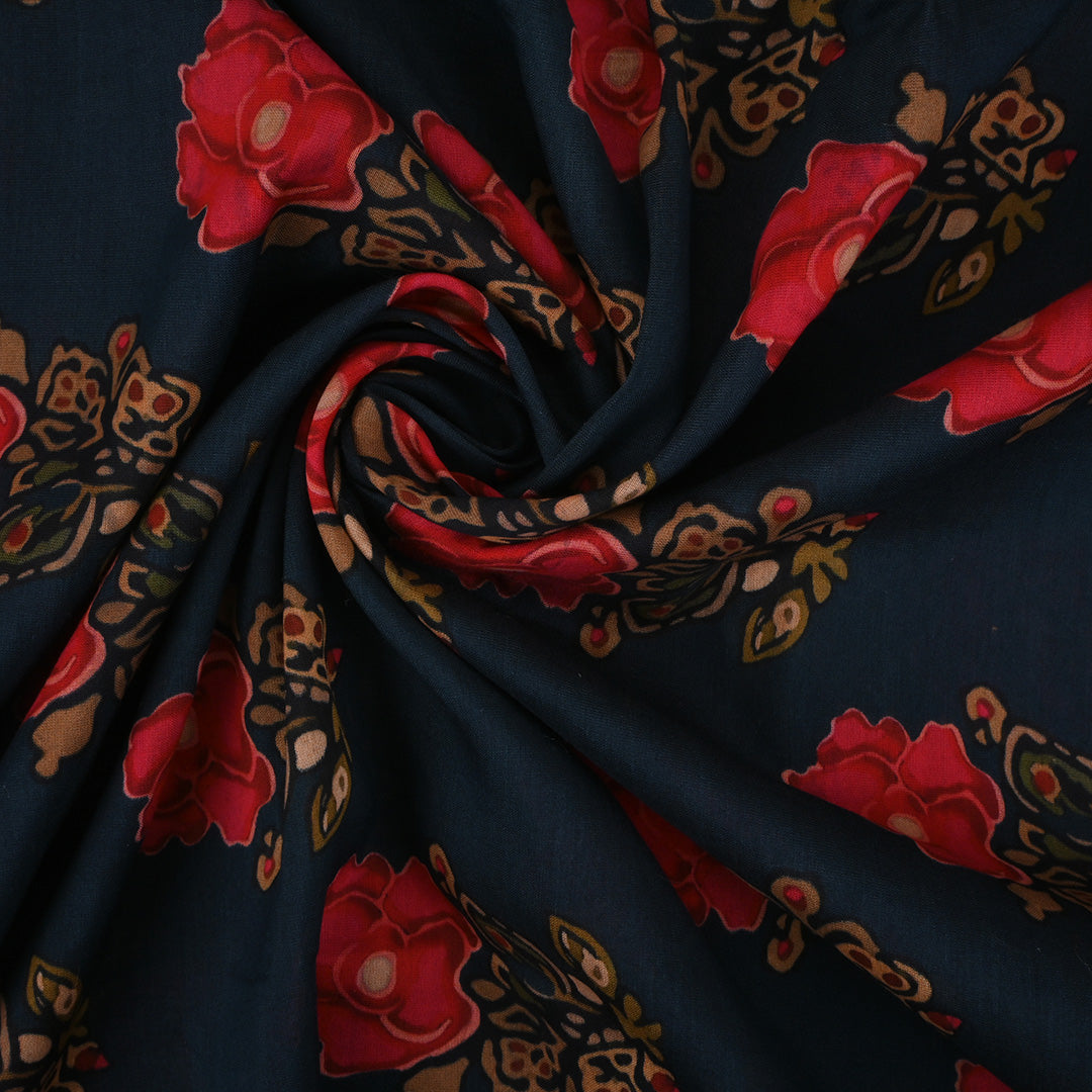 Mineral Blue Printed Floral Chanderi Fabric