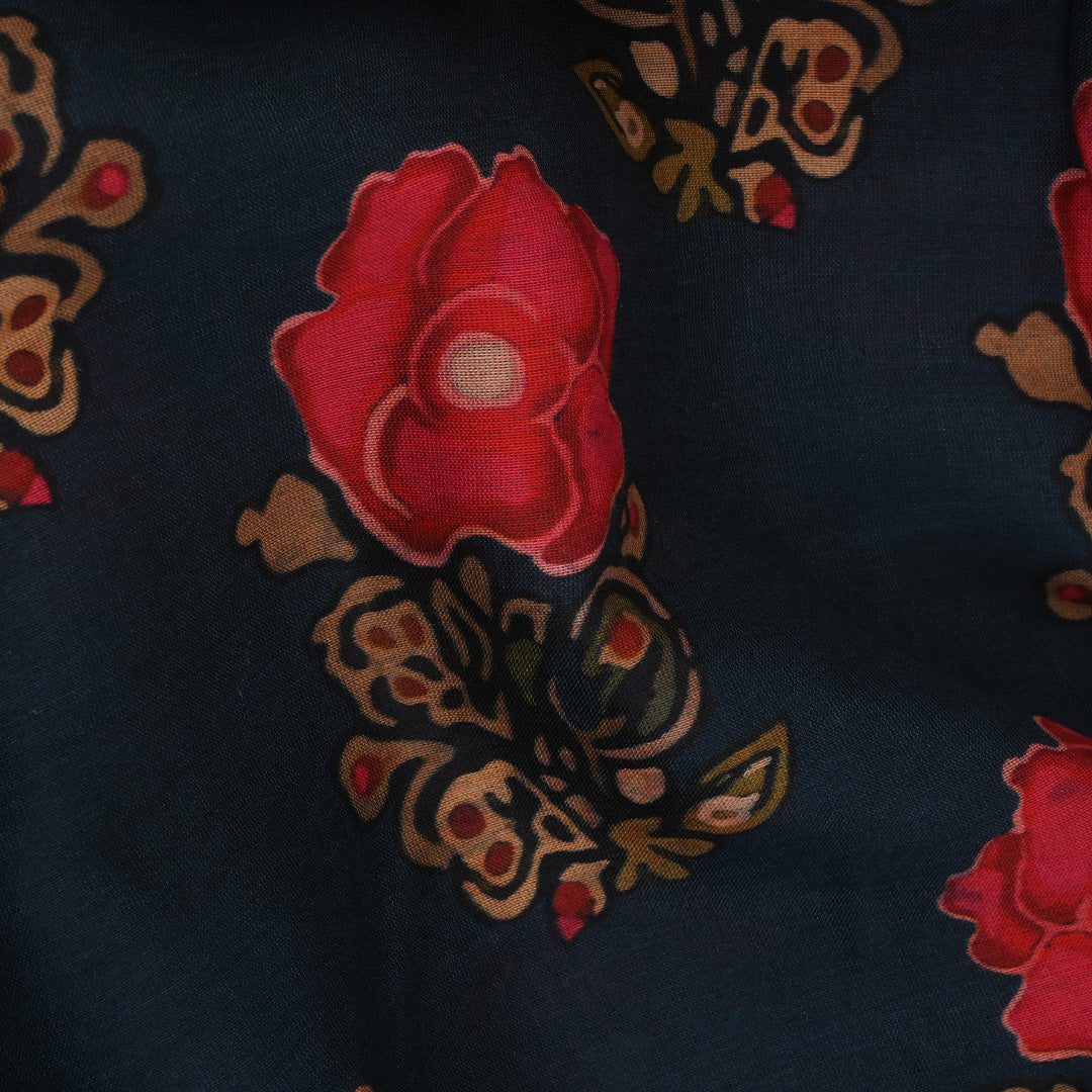 Mineral Blue Printed Floral Chanderi Fabric