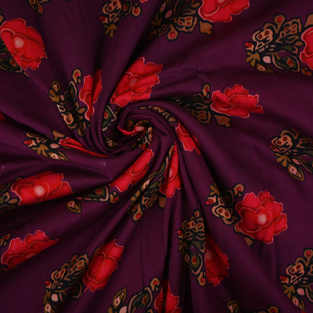 Autumn Purple Printed Floral Chanderi Fabric