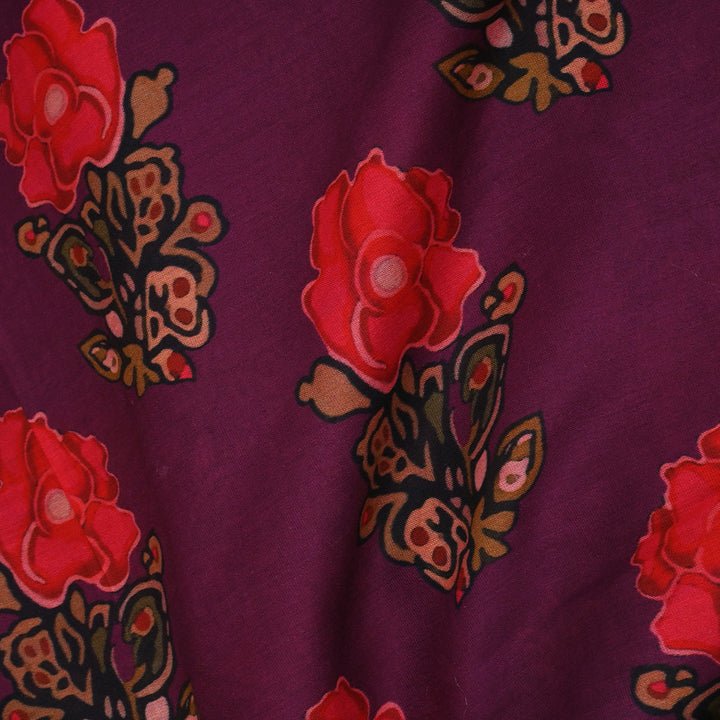 Autumn Purple Printed Floral Chanderi Fabric