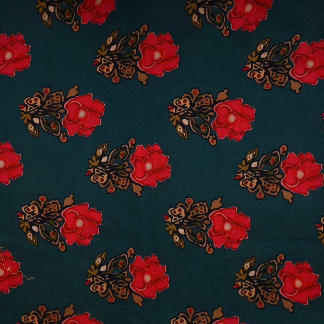 Peacock Blue Printed Floral Chanderi Fabric