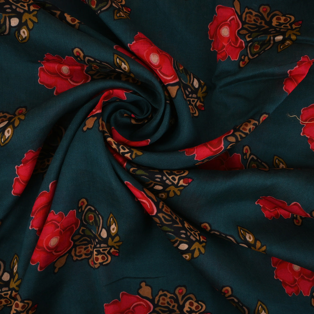 Peacock Blue Printed Floral Chanderi Fabric