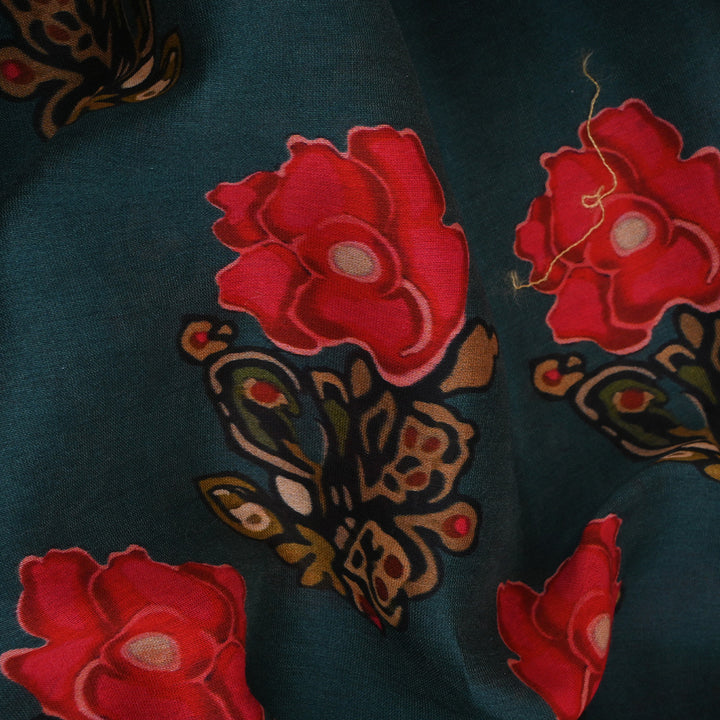 Peacock Blue Printed Floral Chanderi Fabric