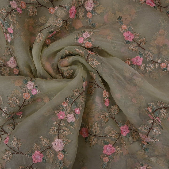 Laurel Green Threadwork Embroidery Organza Fabric