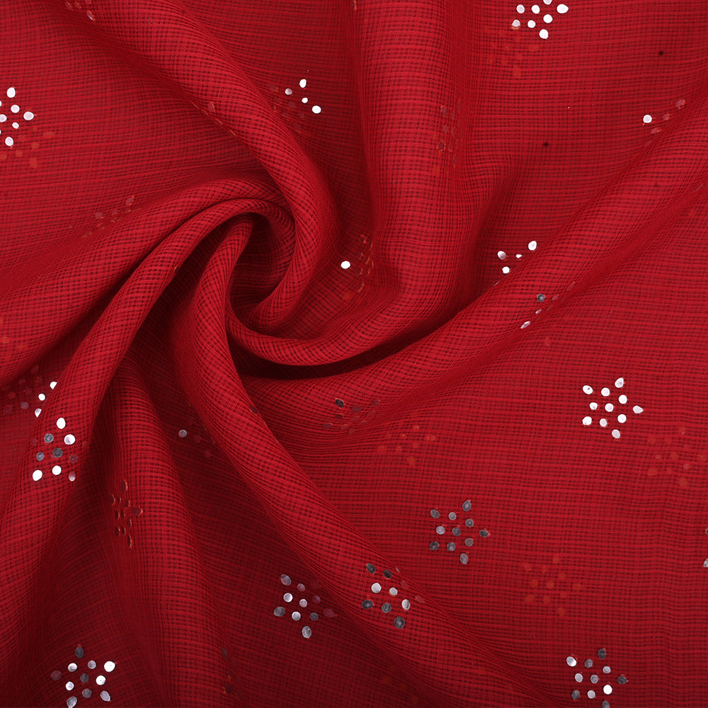 Chili Red Embroidery Kota Fabric