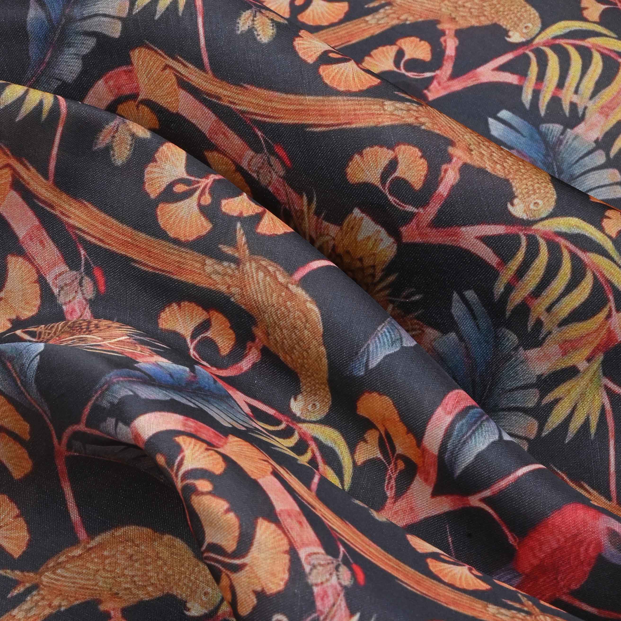 Blue Printed Tussar Fabric With Floral Pattern