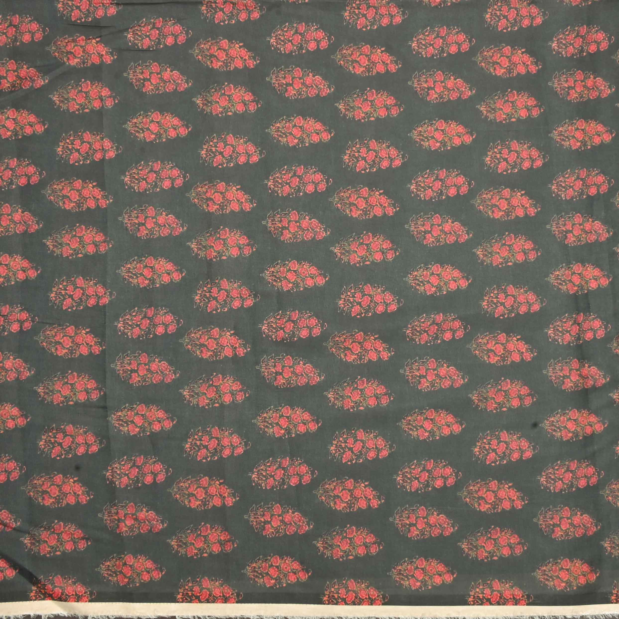 Dark Green Tussar Fabric With Floral Print