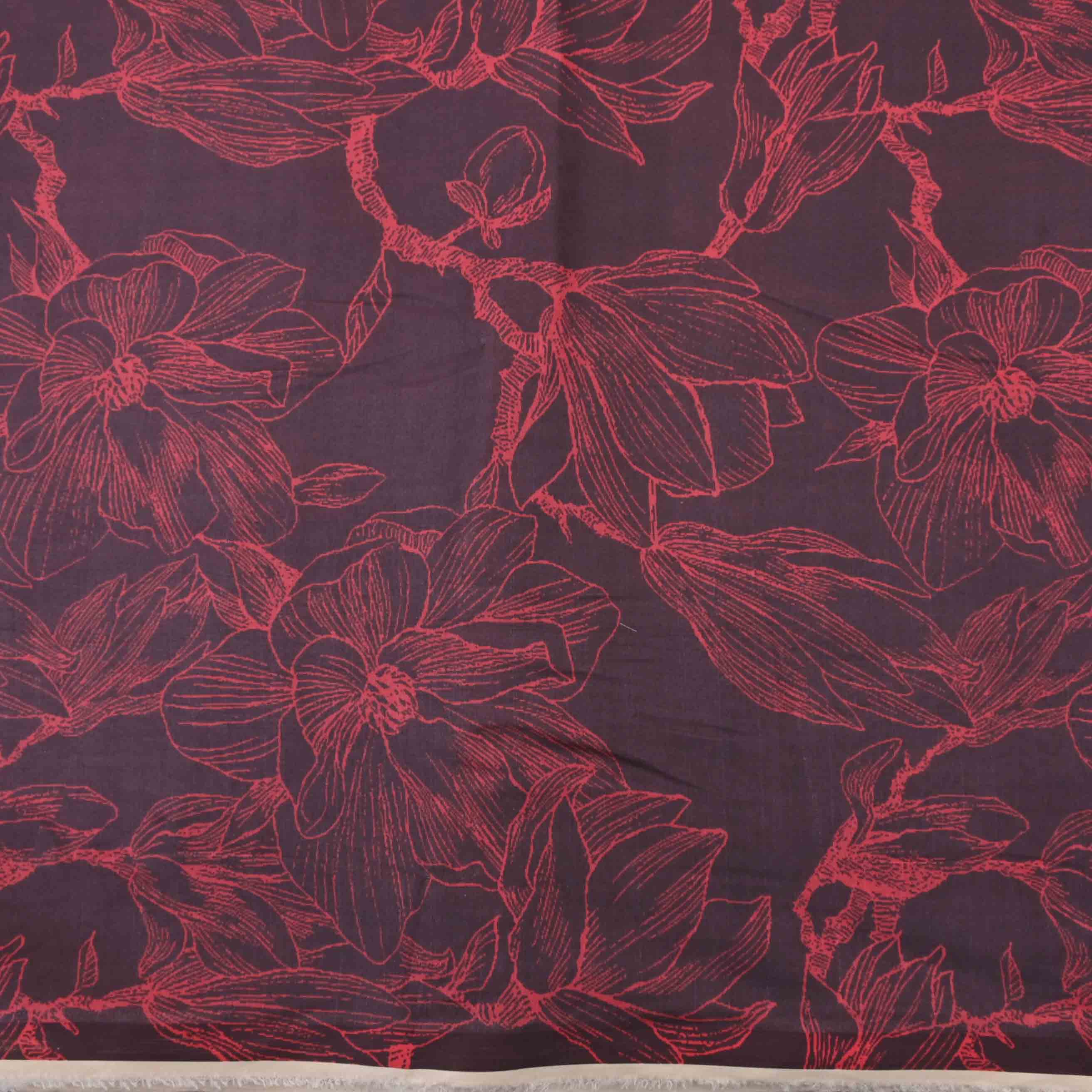 Black Printed Silk Fabric With Floral Pattern