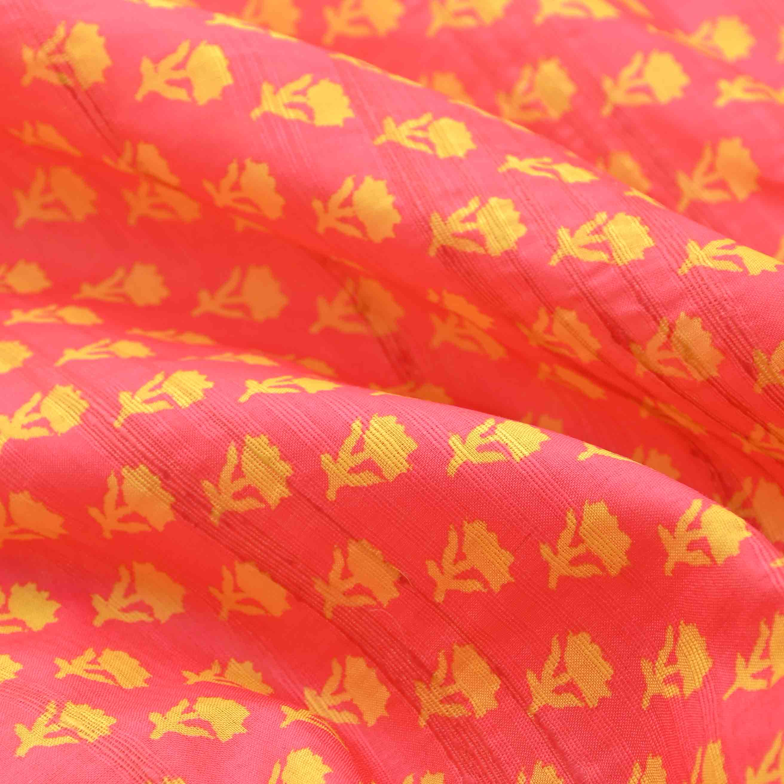 Peach Orange Silk Fabric With Floral Prints