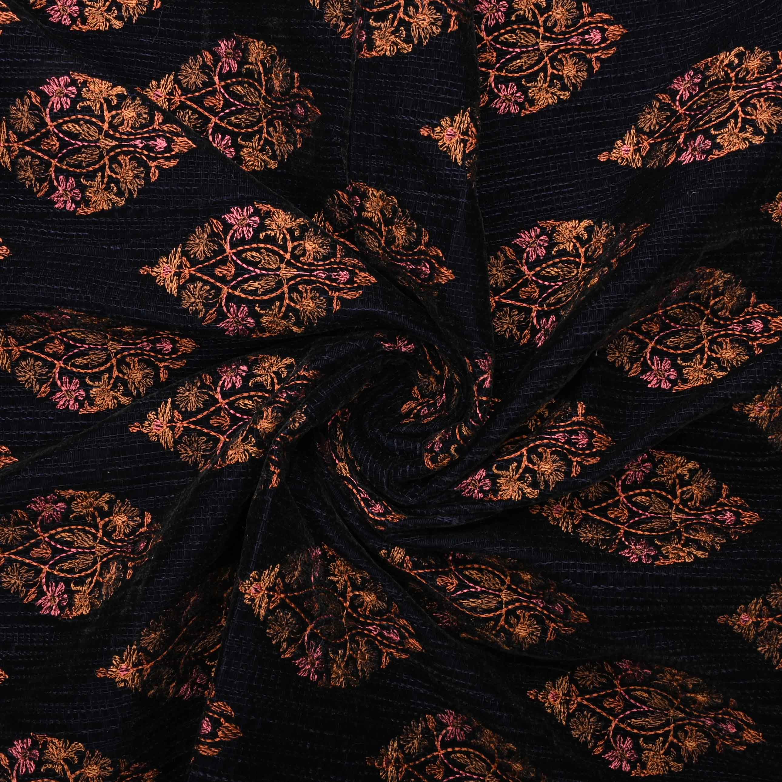 Dark Blue Thread Embroidery Velvet Fabric