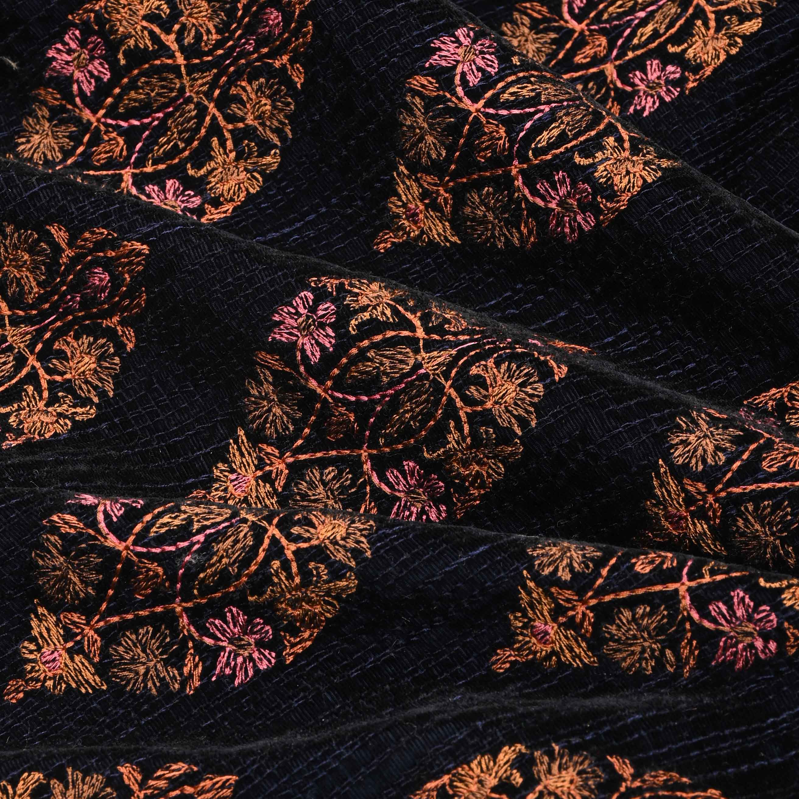 Dark Blue Thread Embroidery Velvet Fabric