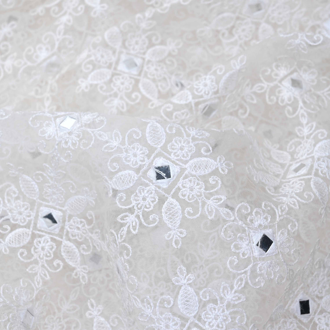 Bright White Floral Embroidered Organza Fabric