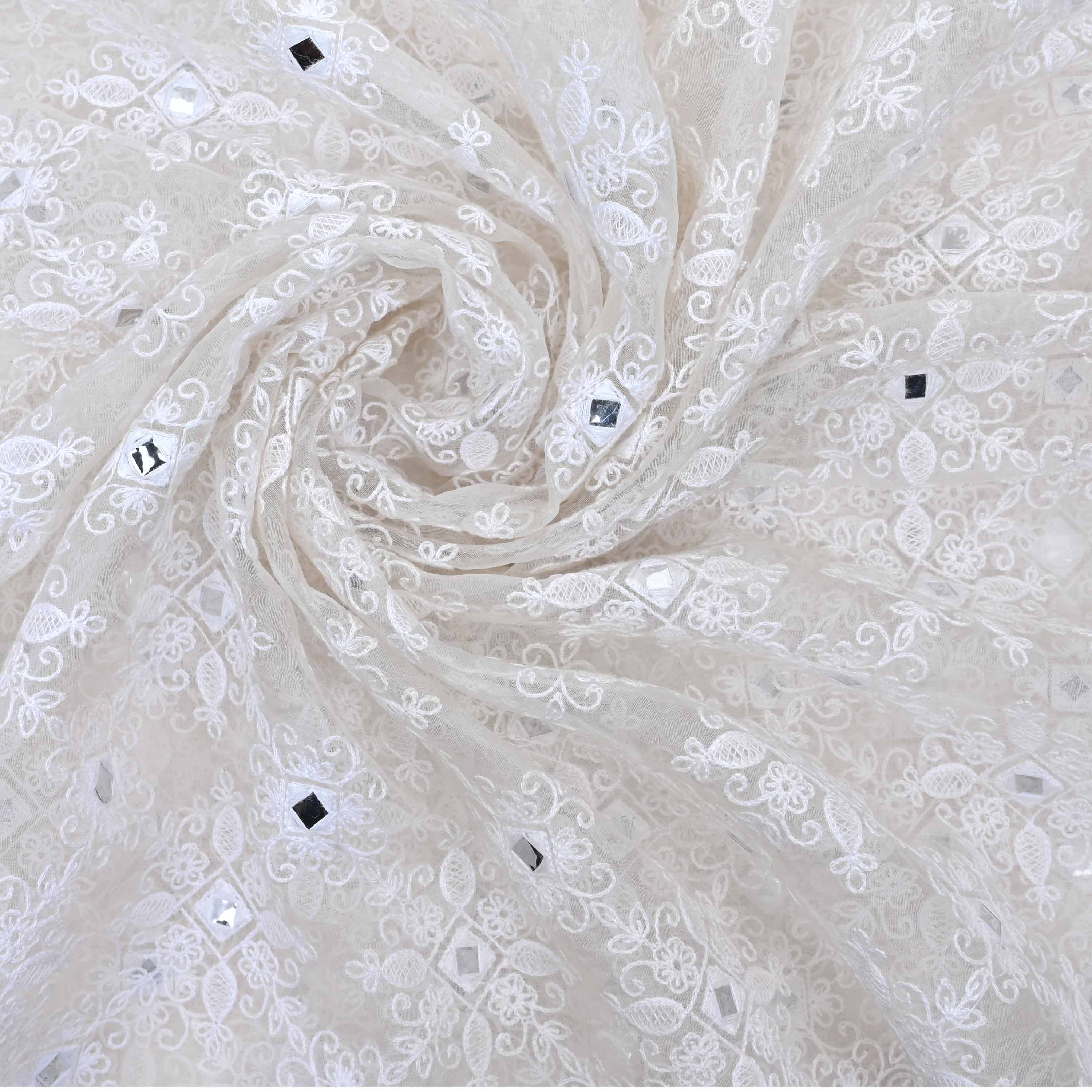 Bright White Floral Embroidered Organza Fabric