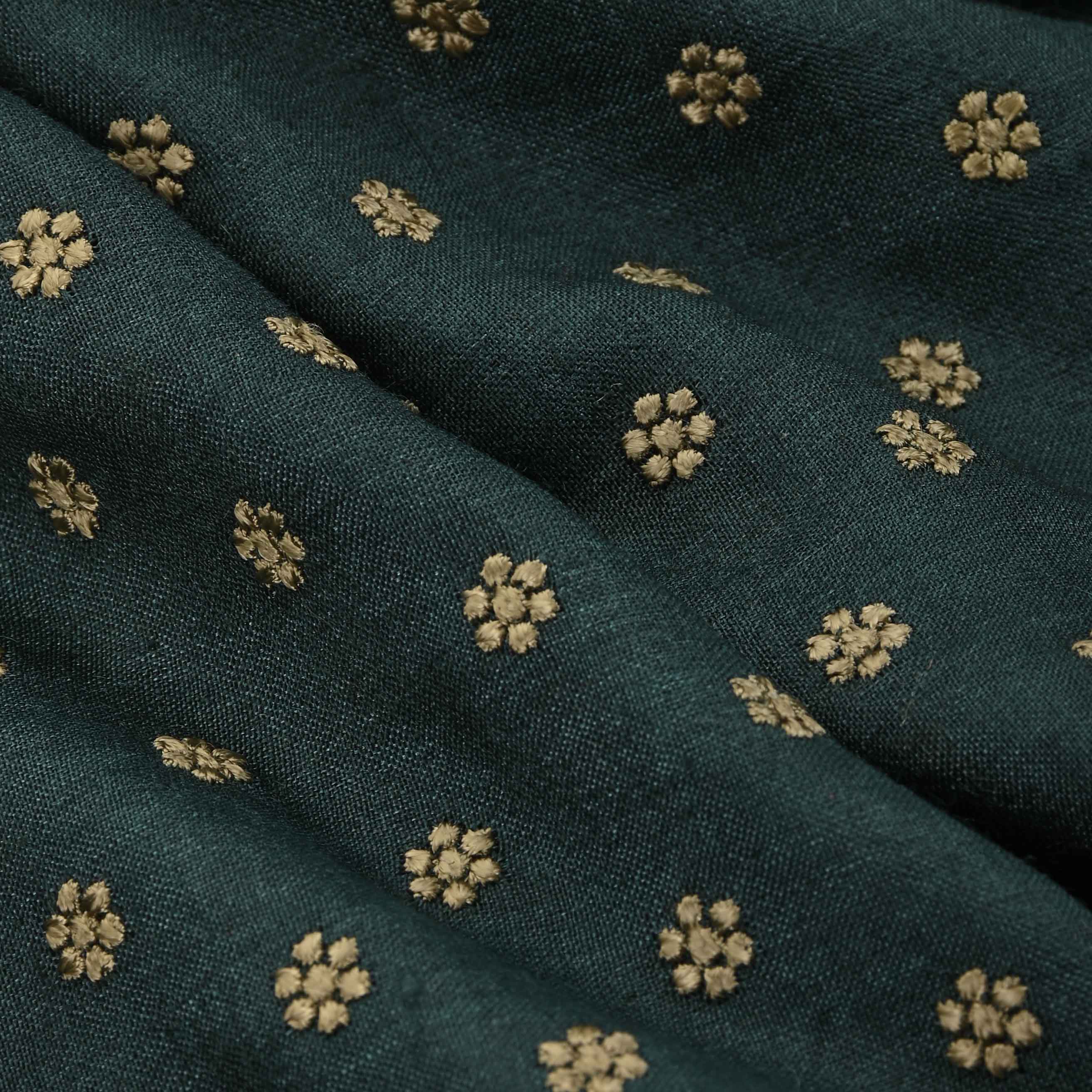 Dark Green Zari Embroidery Raw Silk Fabric