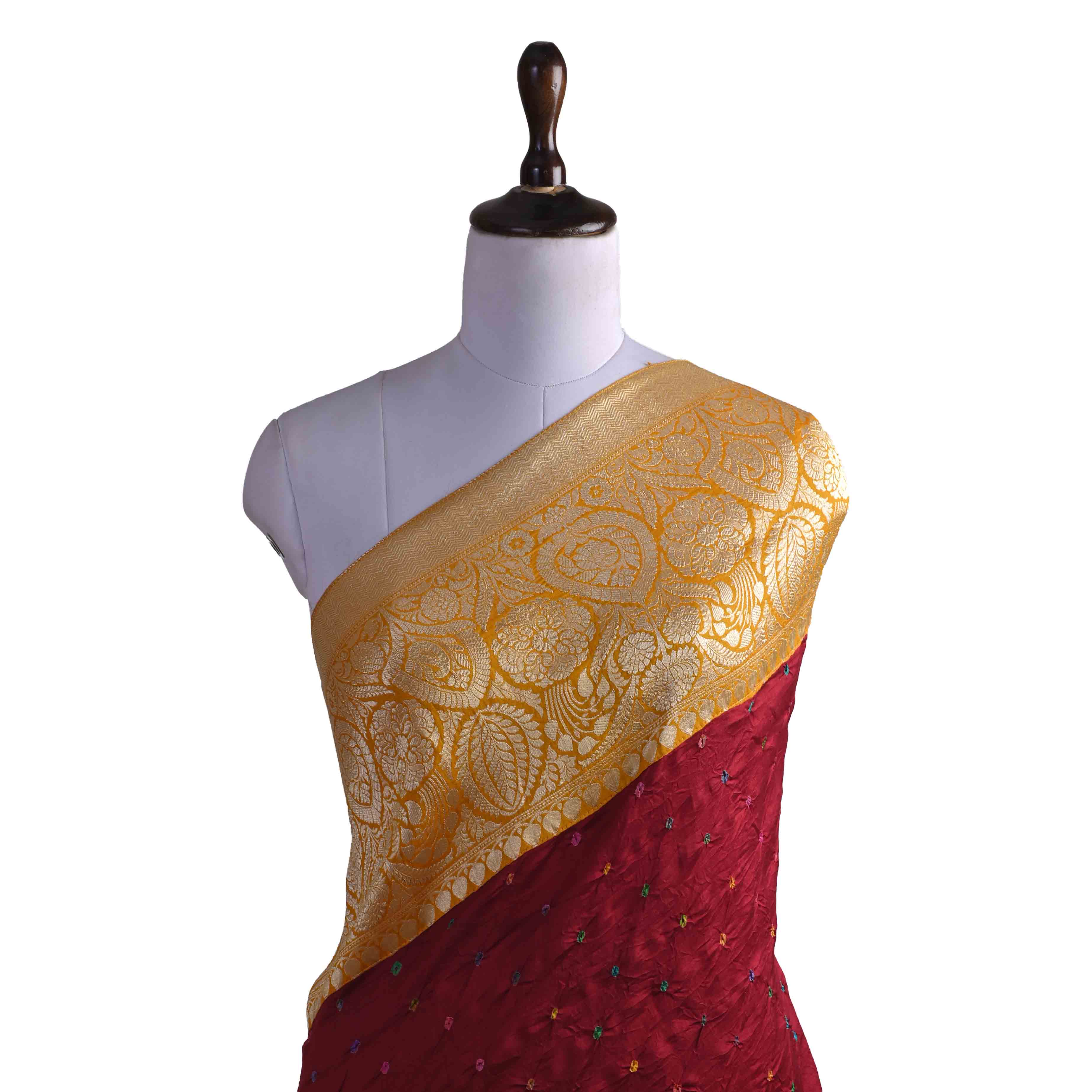 Red Bandhej Bandhani Tussar Fabric