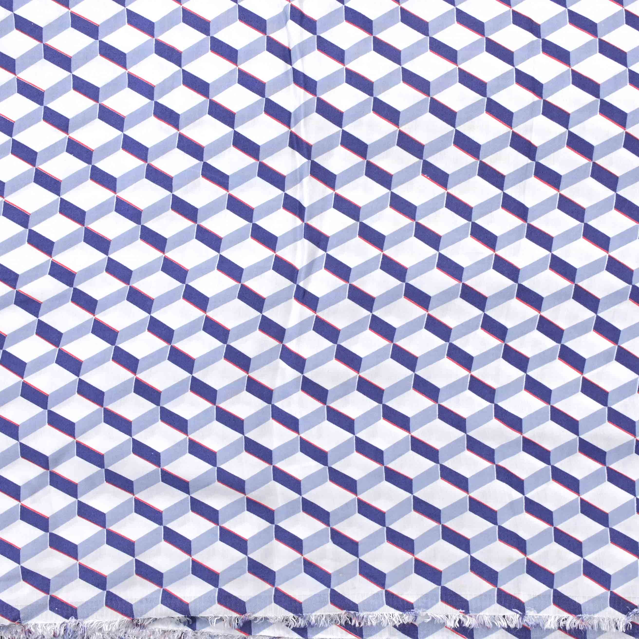 Indigo Geometrical 3D Cube Satin Fabric