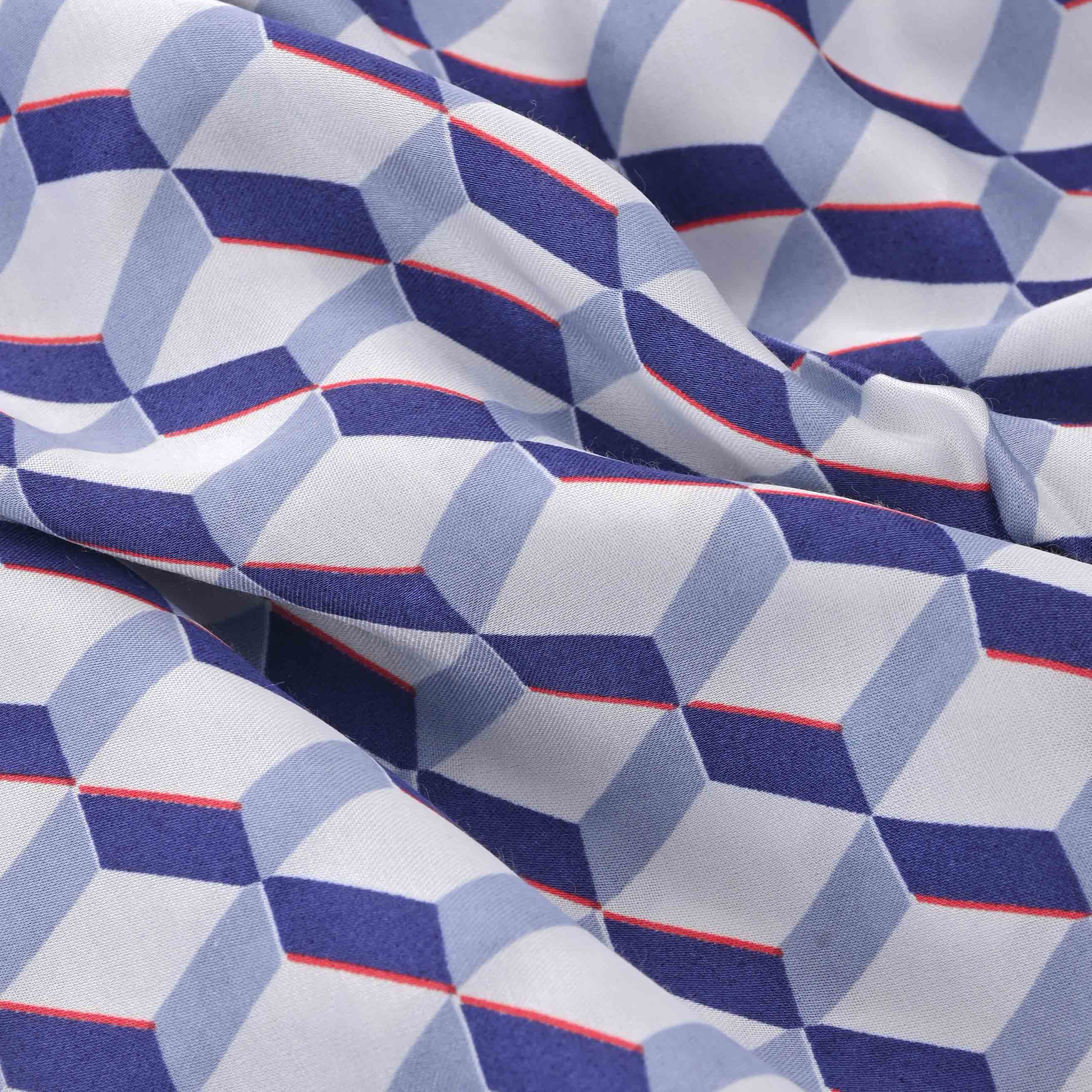 Indigo Geometrical 3D Cube Satin Fabric