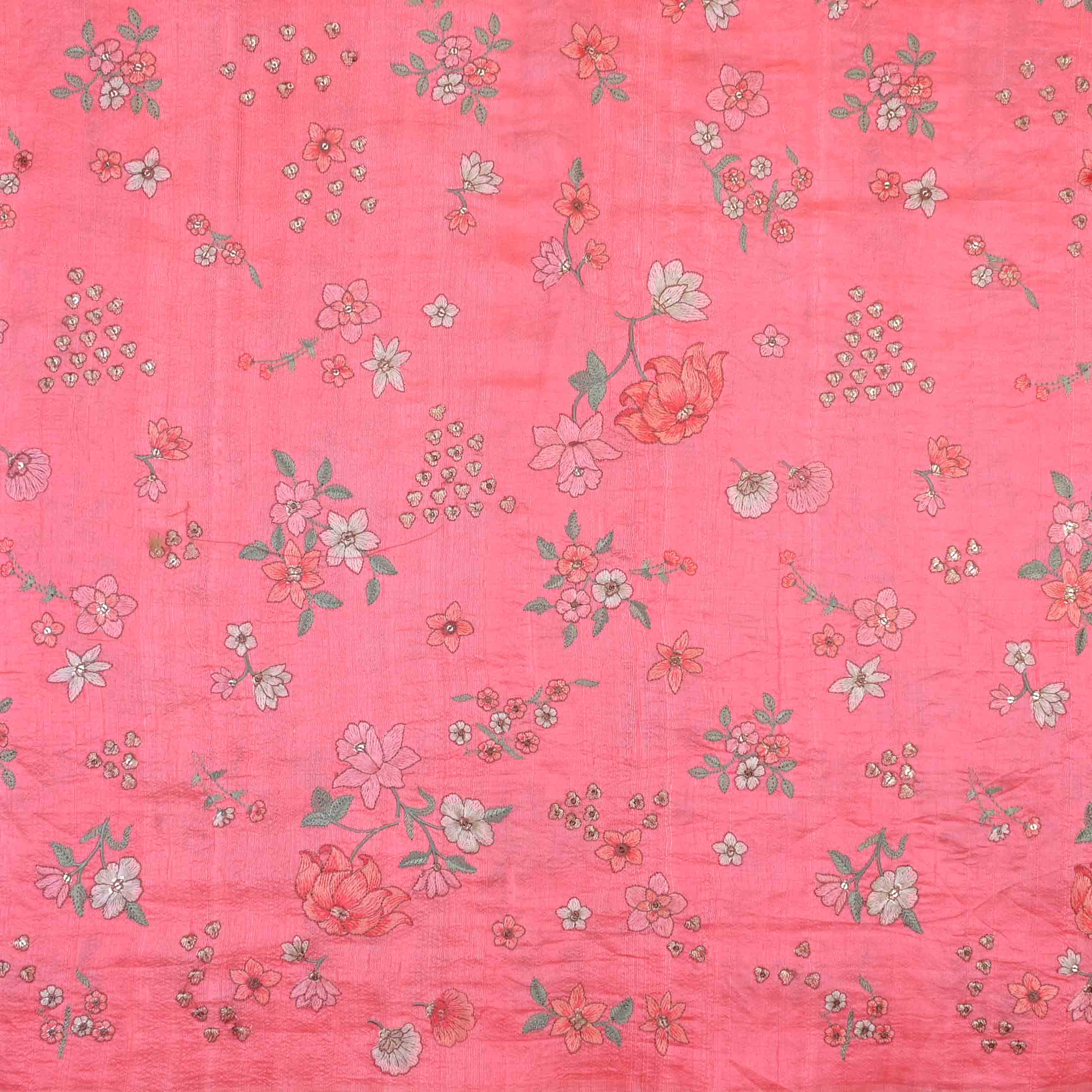 Coral Peach Embroidery Rawsilk Fabric