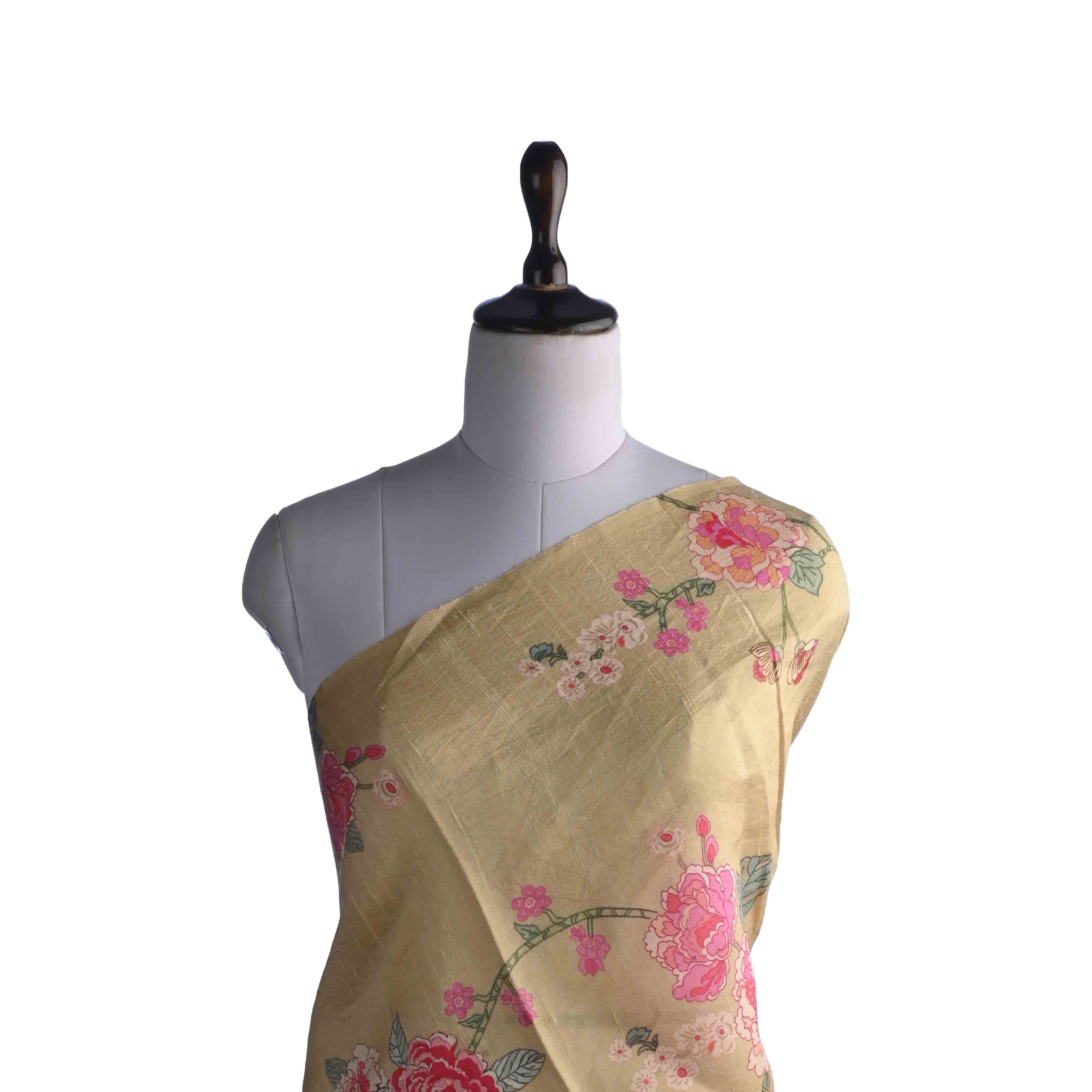 Mocassin Yellow Printed Raw Silk Fabric