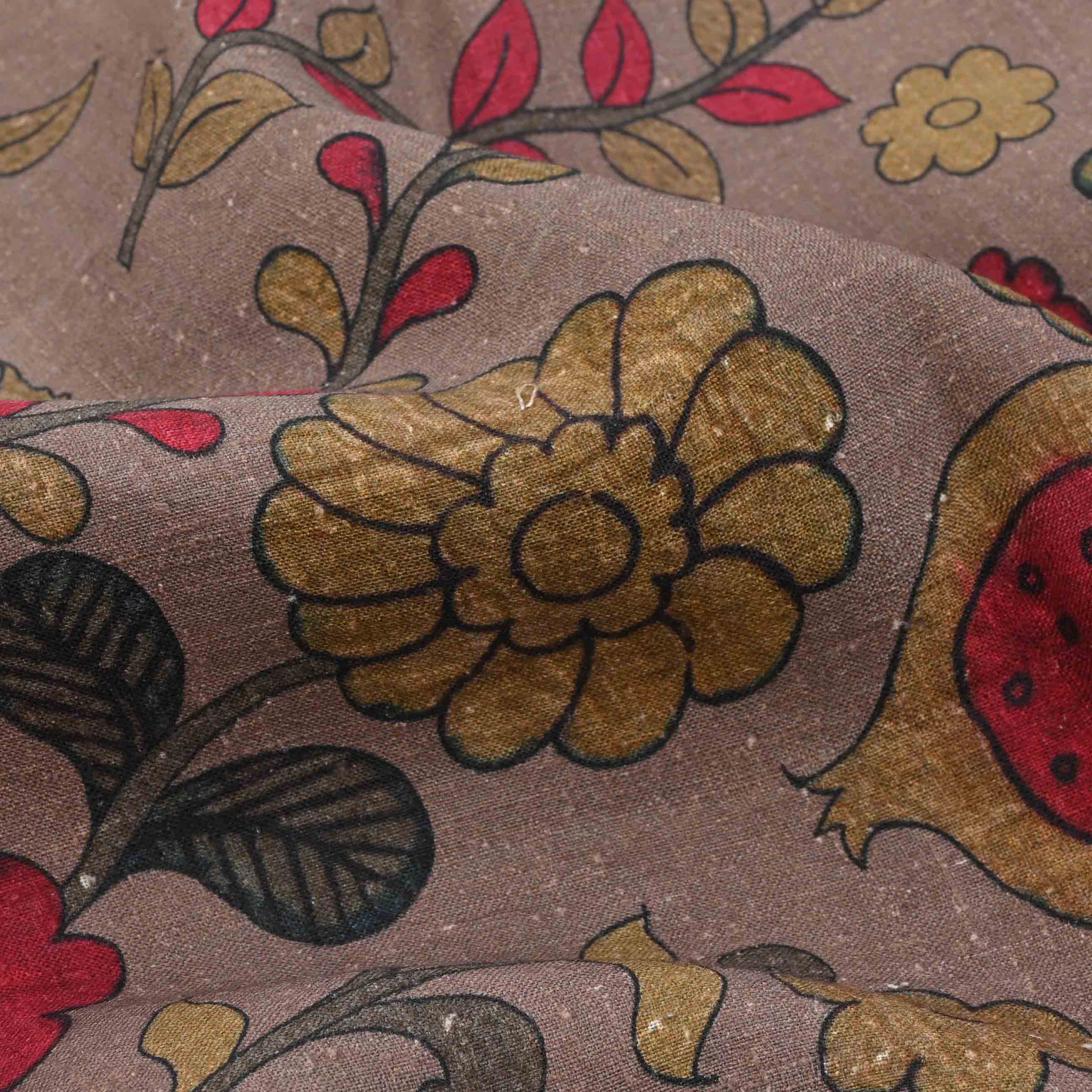 Amber Brown Floral Printed Raw Silk Fabric