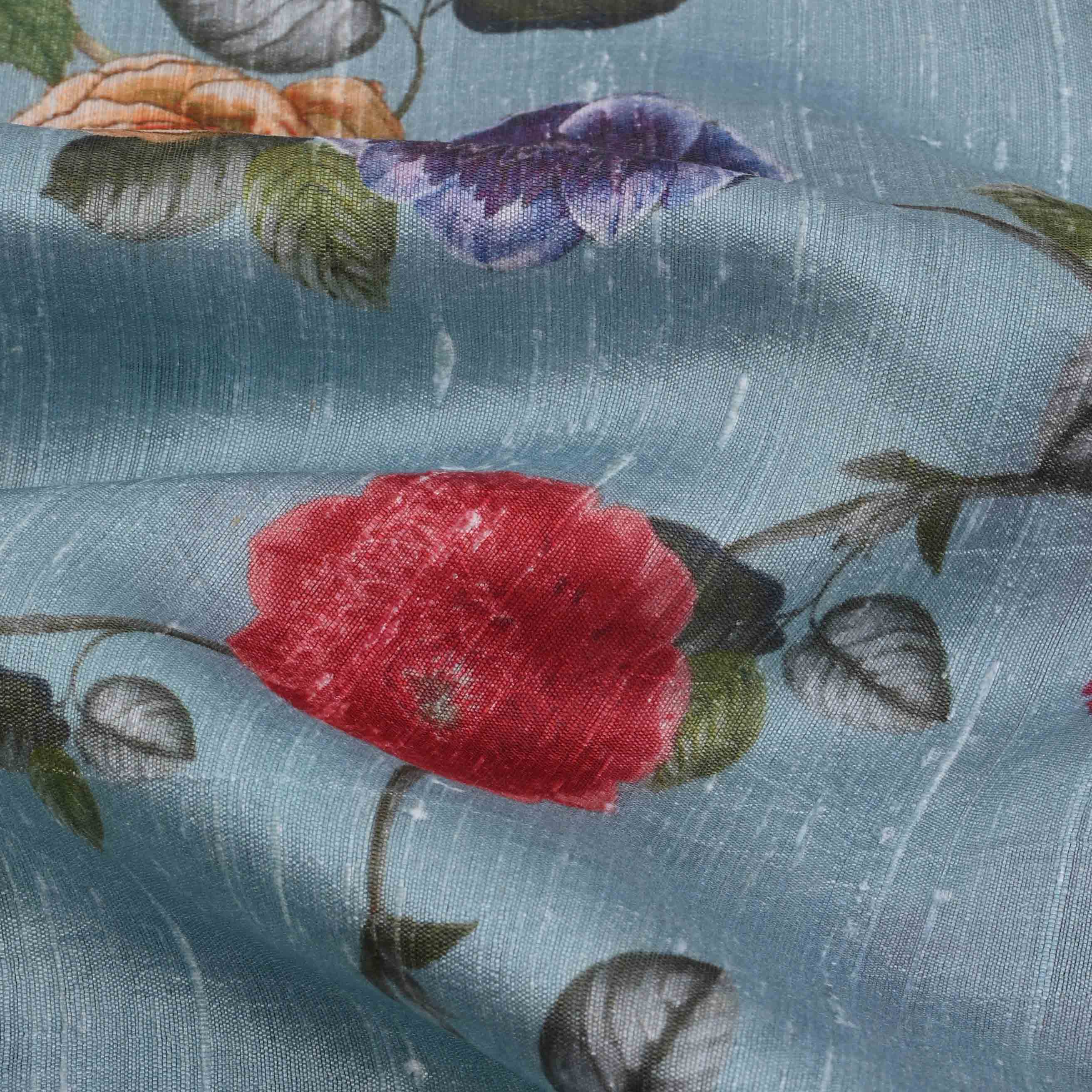 Sky Blue Floral Printed Raw Silk Fabric