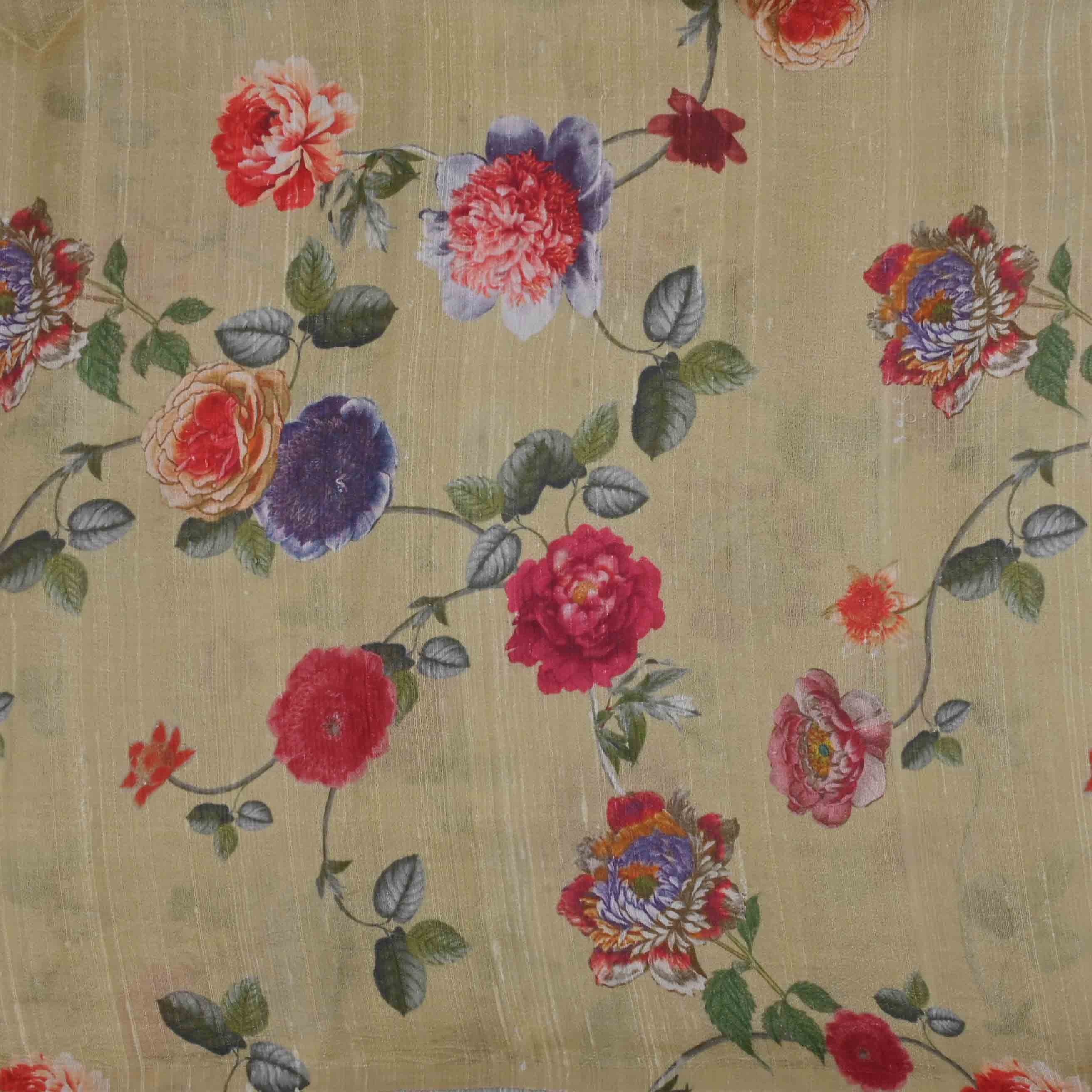 Tender Yellow Floral Printed Raw Silk Fabric