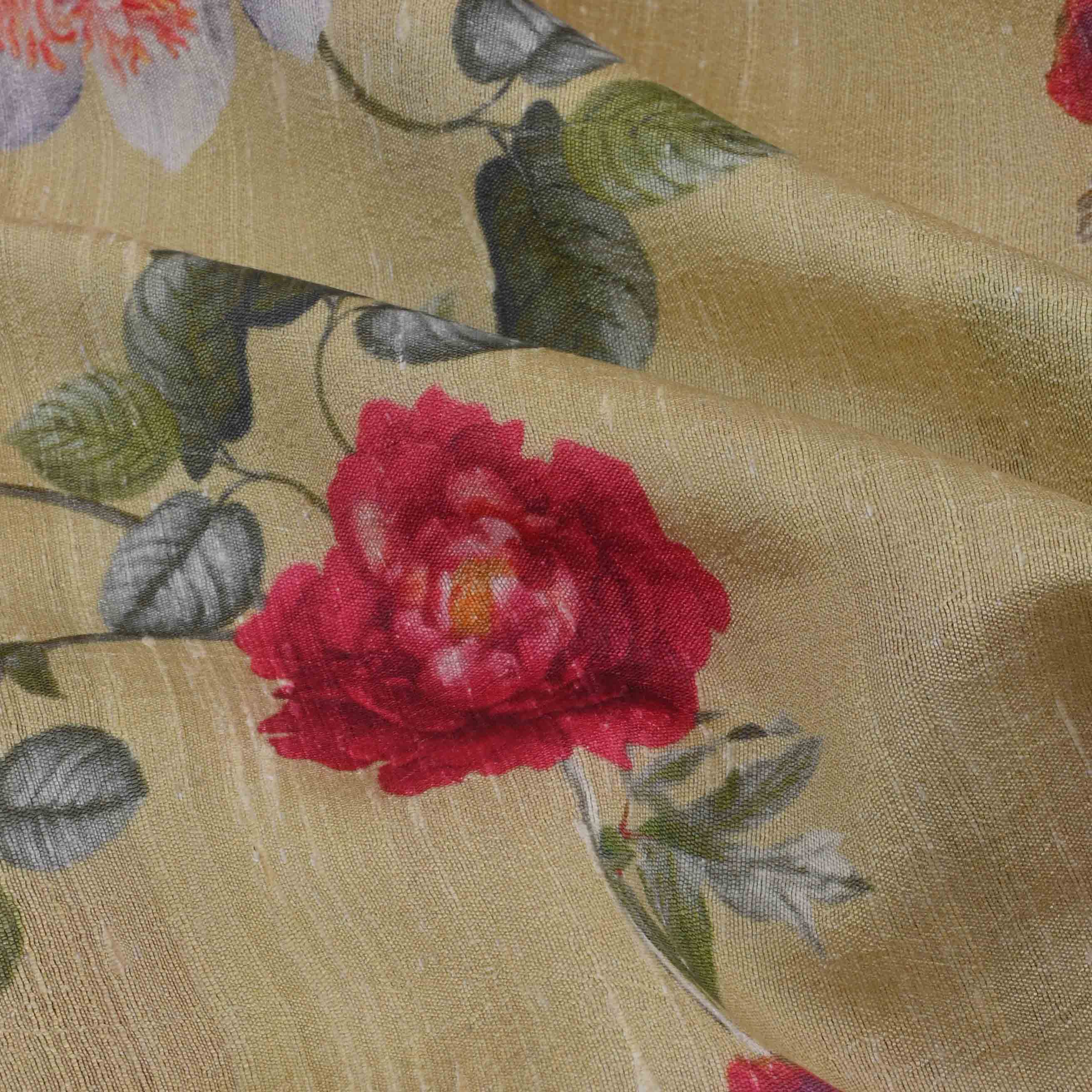 Tender Yellow Floral Printed Raw Silk Fabric