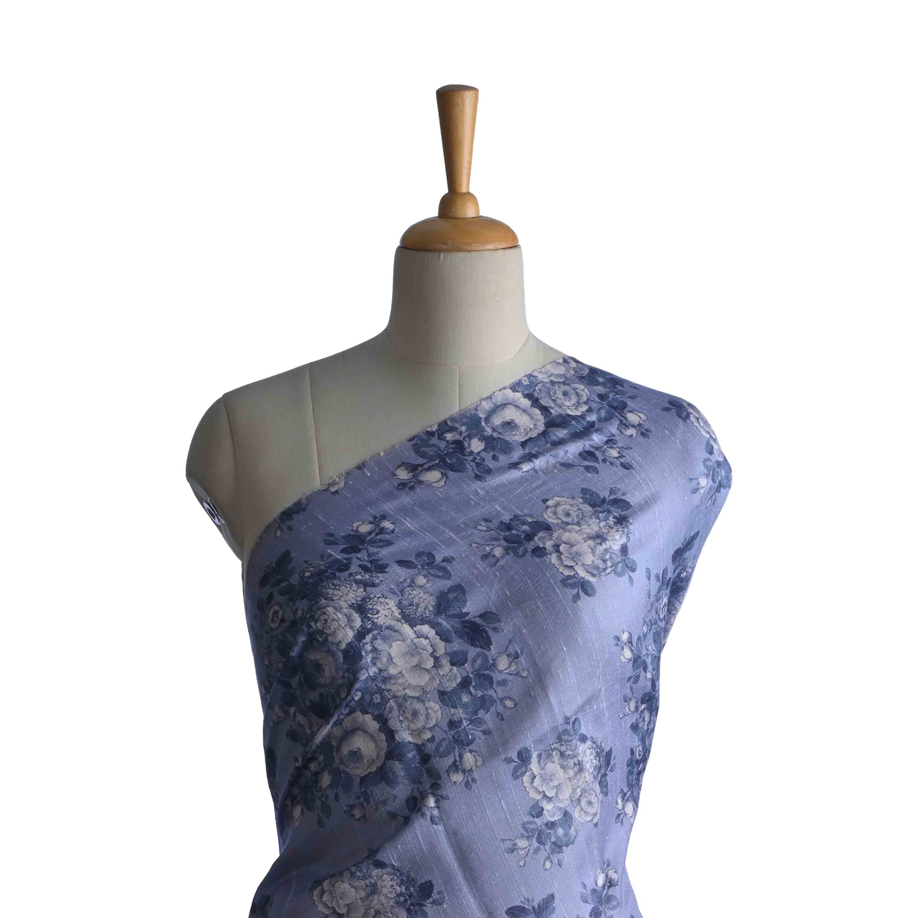 Pastel Purple Floral Printed Raw Silk Fabric