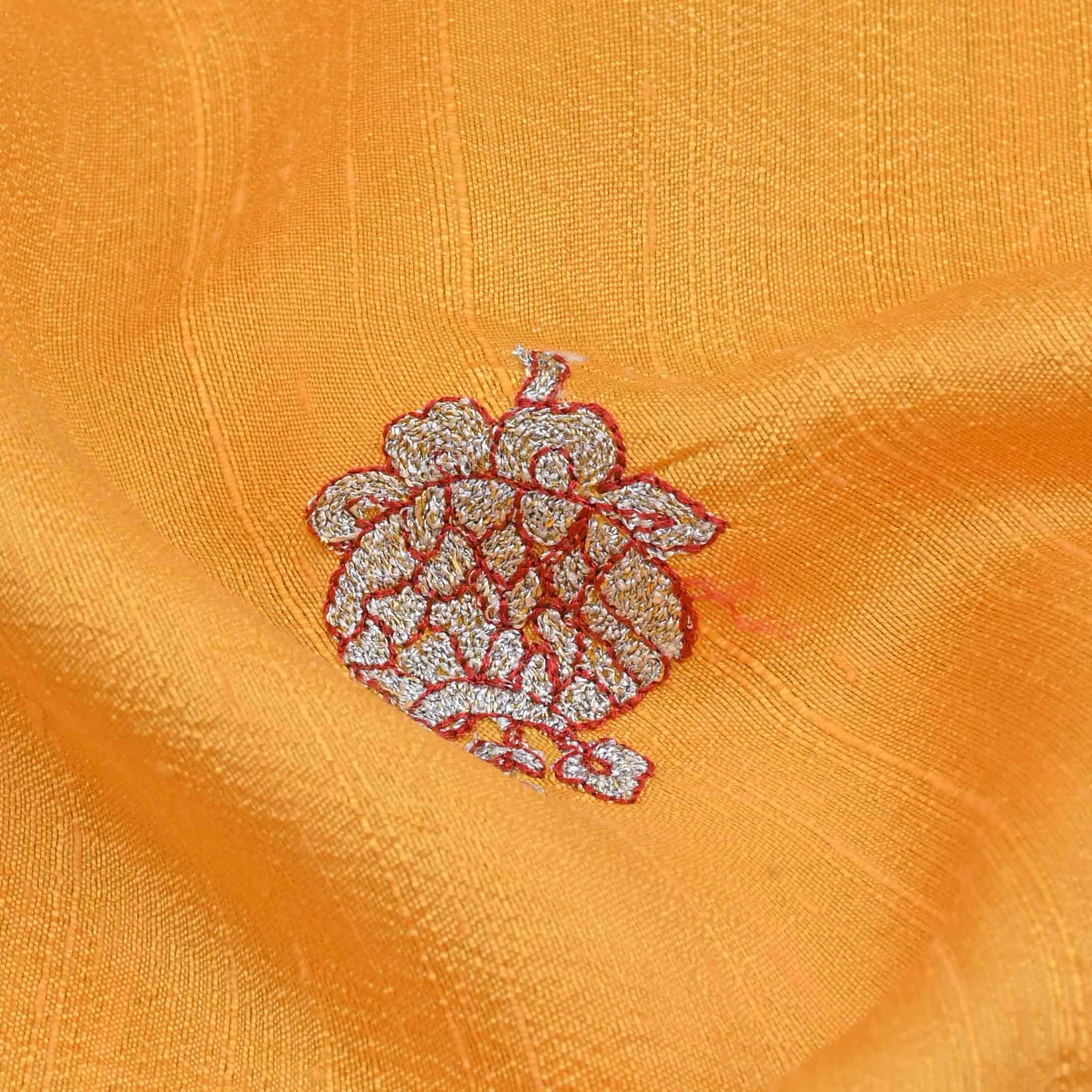Bright Yellow Raw Silk Fabric With Embroidery