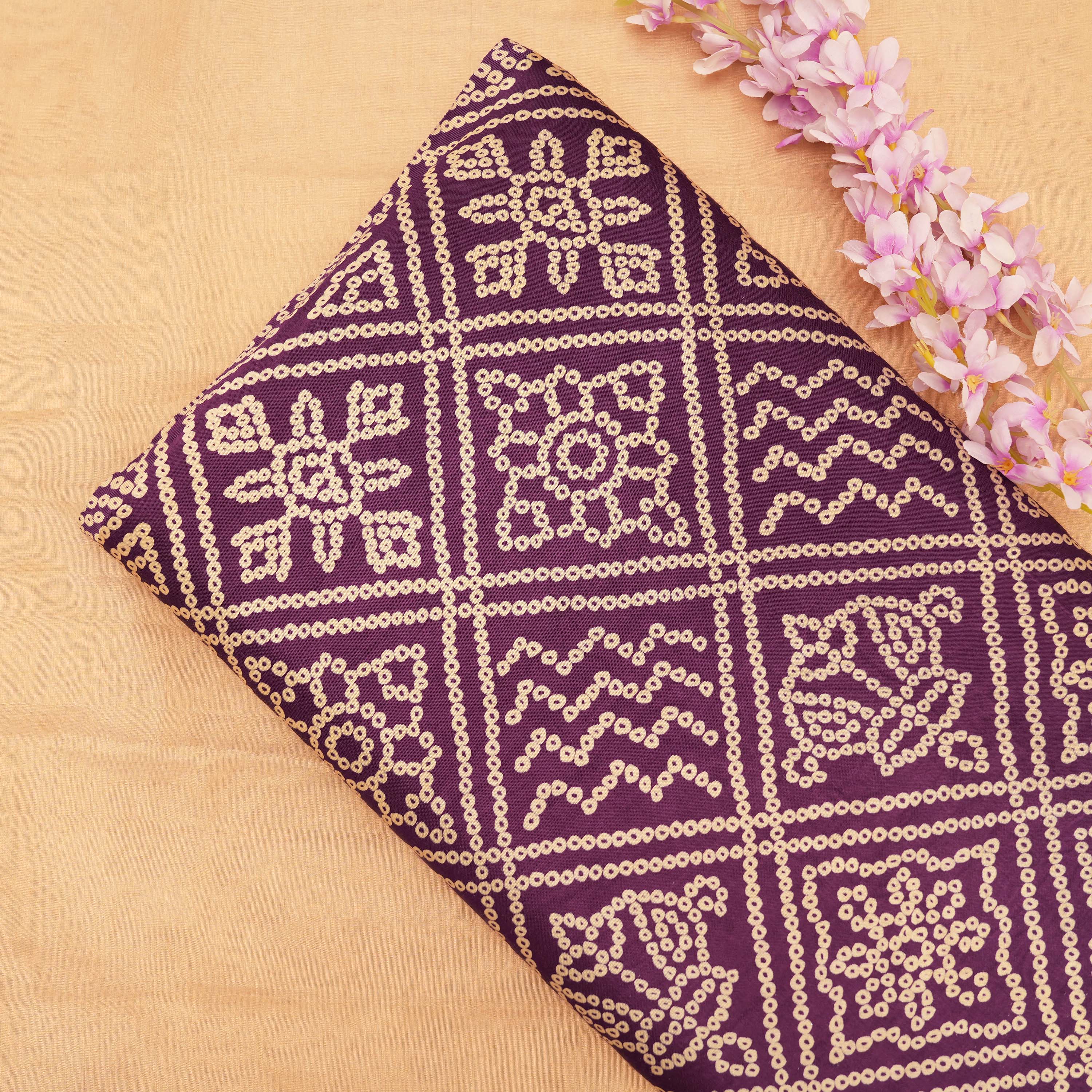 Byzantium Purple Floral Geometric Bandhini Satin Fabric