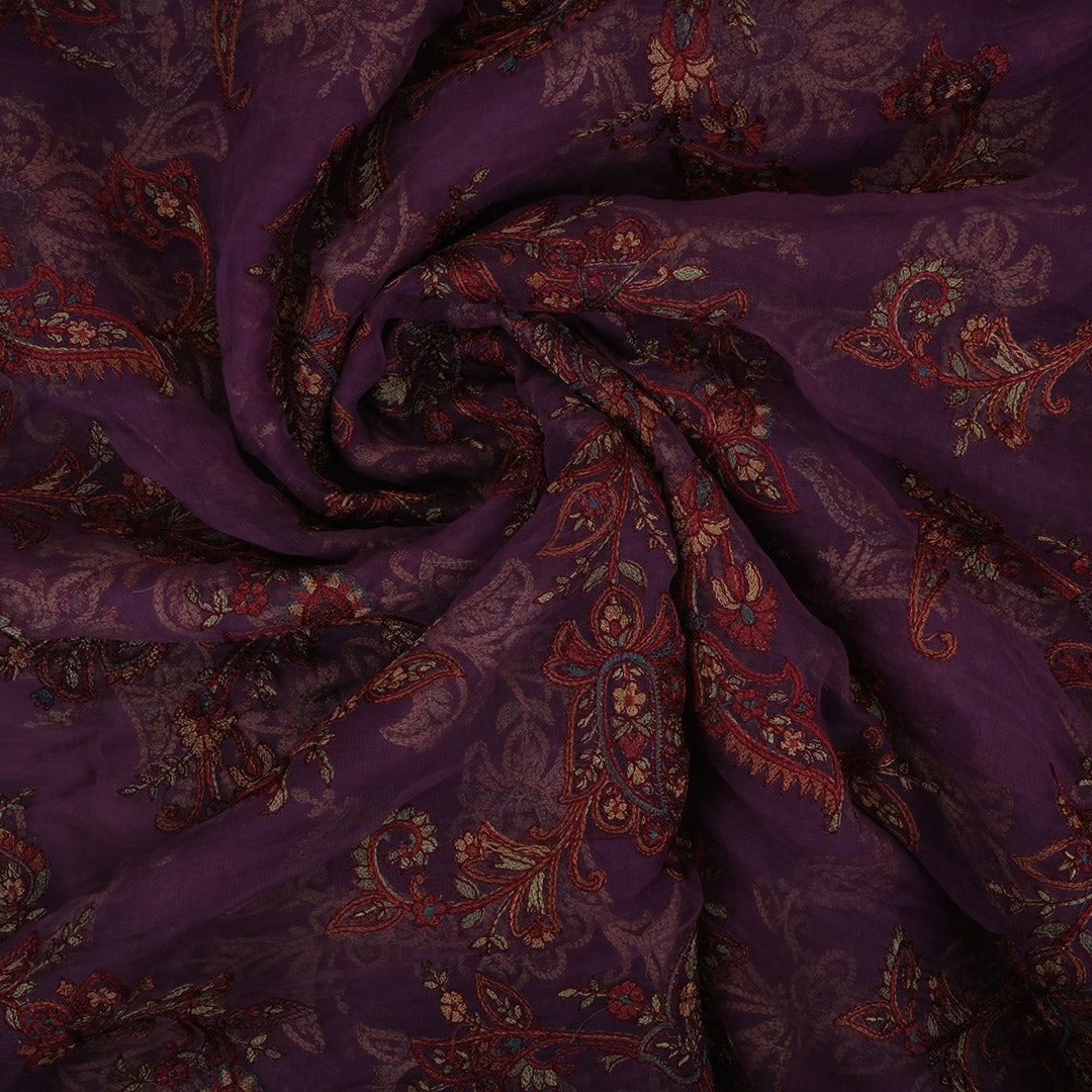 Imperial Purple Threadwork Embroidery Organza Fabric