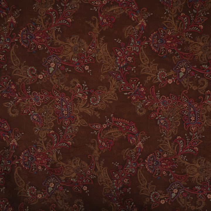 Rust Brown Threadwork Embroidery Organza Fabric