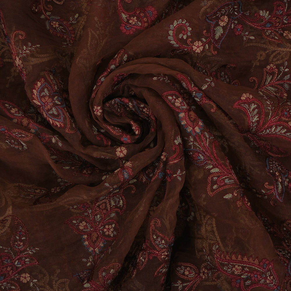 Rust Brown Threadwork Embroidery Organza Fabric