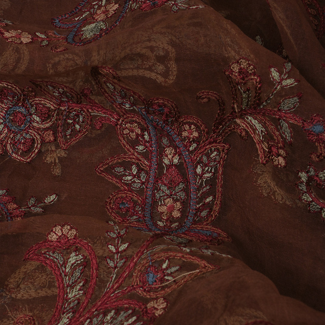 Rust Brown Threadwork Embroidery Organza Fabric