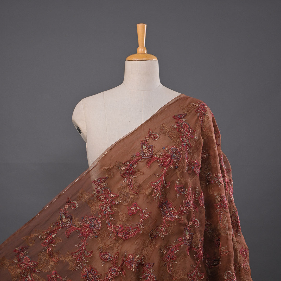 Rust Brown Thread Work Embroidery Organza Fabric
