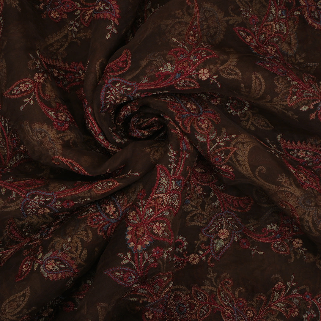 Medium Brown Threadwork Embroidery Organza Fabric