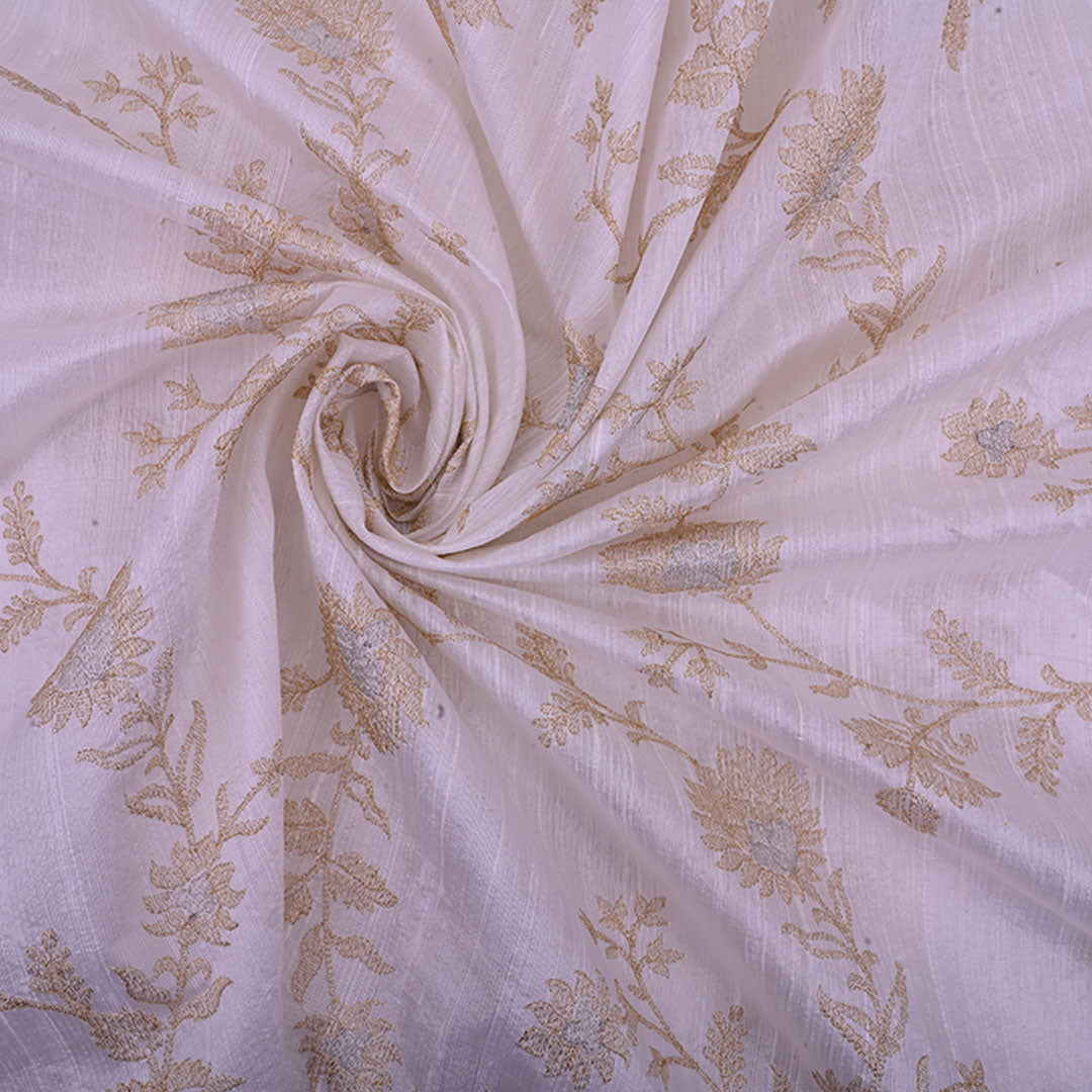 Floral White Rawsilk Fabric With Floral Embroidery