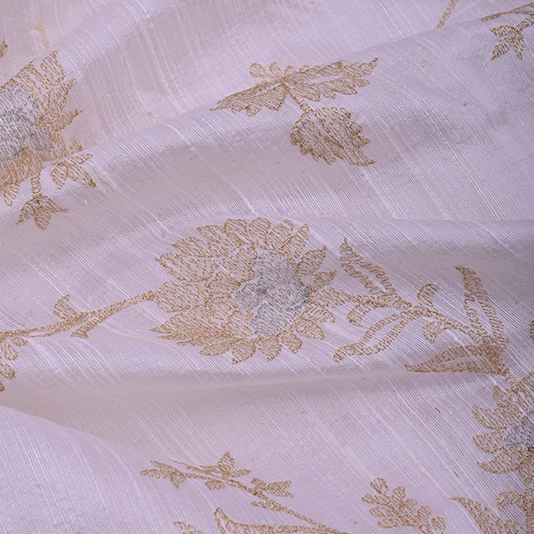 Floral White Rawsilk Fabric With Floral Embroidery